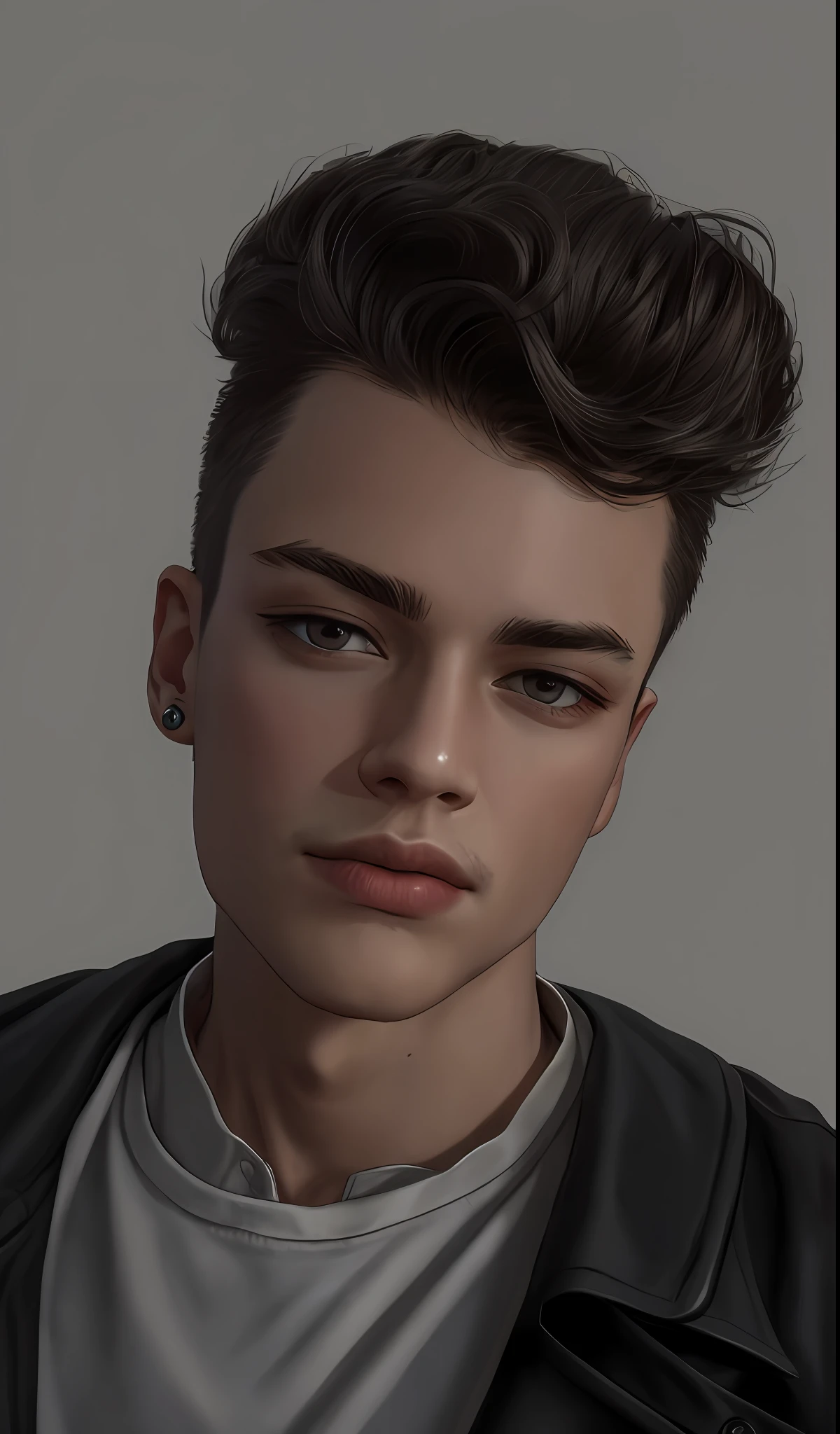 Masterpiece, absurdres, fine detail, HDR,
solo, looking at viewer, short hair, bangs, simple background, black hair, 1boy, white background, hair between eyes, jewelry, closed mouth, jacket, male focus, earrings, grey background, black eyes, coat, black jacket, black shirt, portrait, black coat, realistic, FH