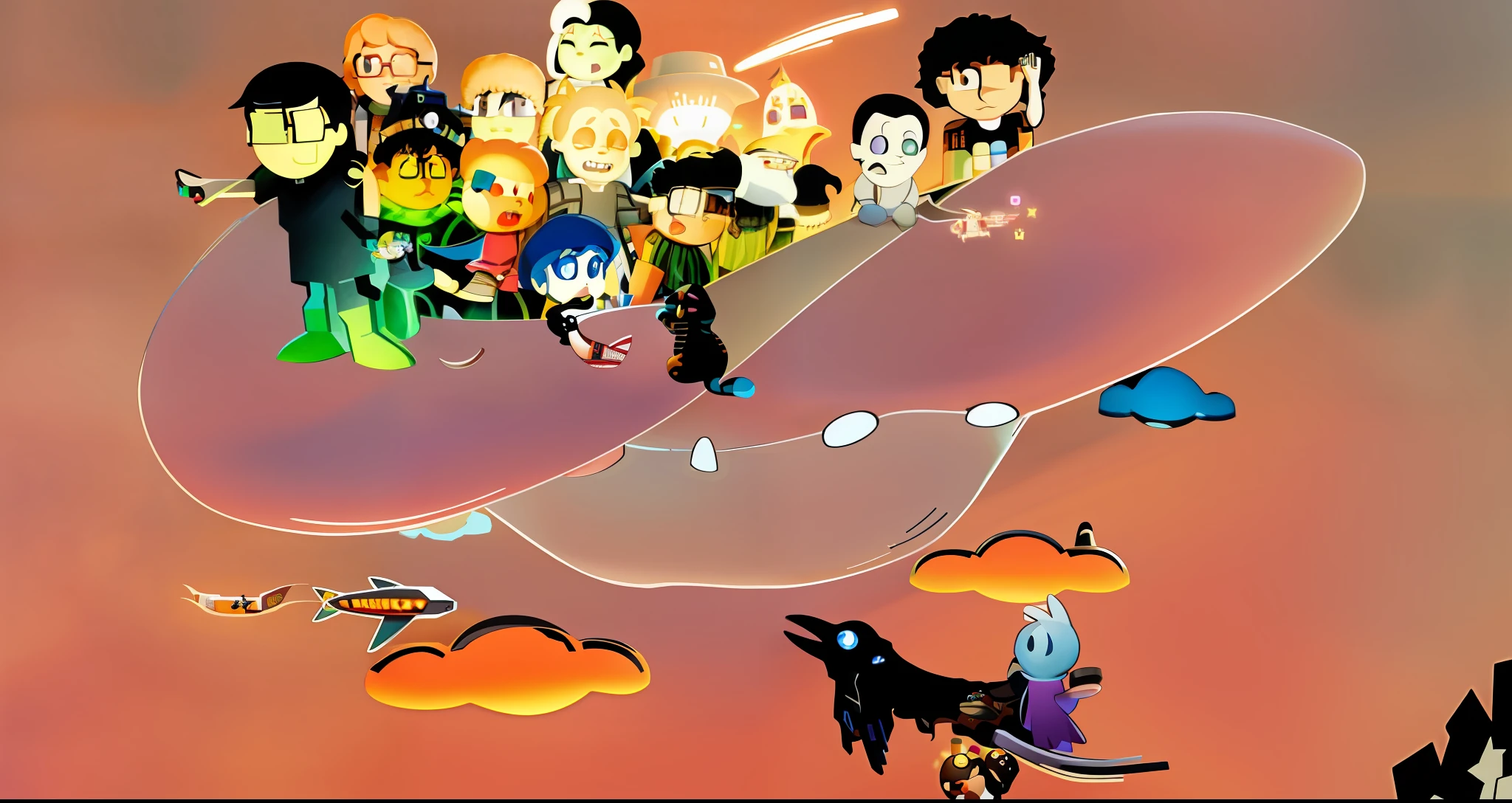 cartoon of a group of people flying in a beach hat in the sky at sunset, high-quality official art, detailed, pixiv contest winner, video game art, inspired by Winsor McCay, added detail, chibi, concept art, themed spaceship, very crowded, discworld theme, colorful comic, vivid colors, cinematic lighting, shaders