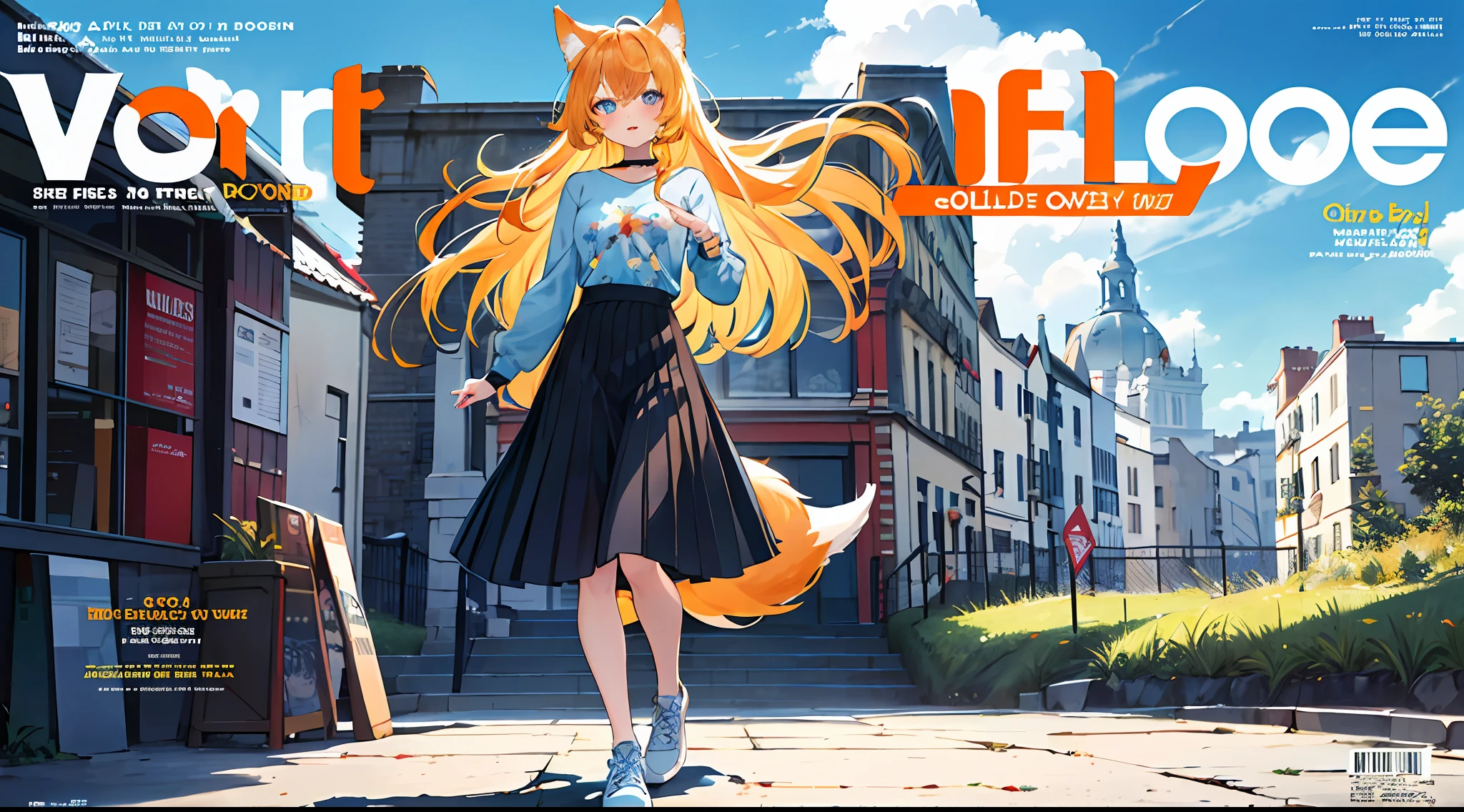 1girl, solo, long hair, skirt, outdoors, cloud, black hair, blue eyes, shirt, long sleeves, shoes, sky, tree, black skirt, full body, blue sky, bangs, blush, blue shirt, sneakers, standing, grass, white footwear, cloudy sky, day, print shirt, looking at viewer, walking
1girl,full body,(golden eye),(red eye),(wolf ear),(yellow hair),(wolf tail),(wolf ears),(a cute young girl:1.1),(wolf ear),beautiful detailed eyes,orange hair, very long hair,small breasts,(looking at viewer),
(magazine:1.3), (cover-style:1.3), fashionable, woman, vibrant, outfit, posing, front, colorful, dynamic, background, elements, confident, expression, holding, statement, accessory, majestic, coiled, around, touch, scene, text, cover, bold, attention-grabbing, title, stylish, font, catchy, headline, larger, striking, modern, trendy, focus, fashion,