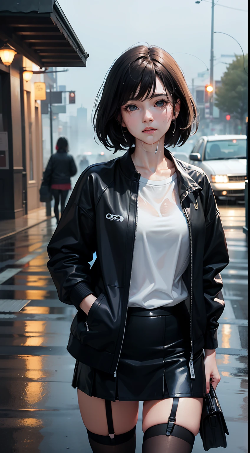 8K, masterpiece, best quality, ultra-detailed, photorealistic, realistic, extremely detailed face, film lighting, cinematic lighting, ray tracing, illustration, disheveled hair,
On a cloudy street, foggy and heavy rain, a girl with black hair and black eyes standing in the middle of the road and cried. She was wearing a black open jacket, a white shirt, a black short skirt, and black garter belt, The clothes were drenched by rain and revealed a black bra.,depth of field (dof),cinematic shot,film lighting,