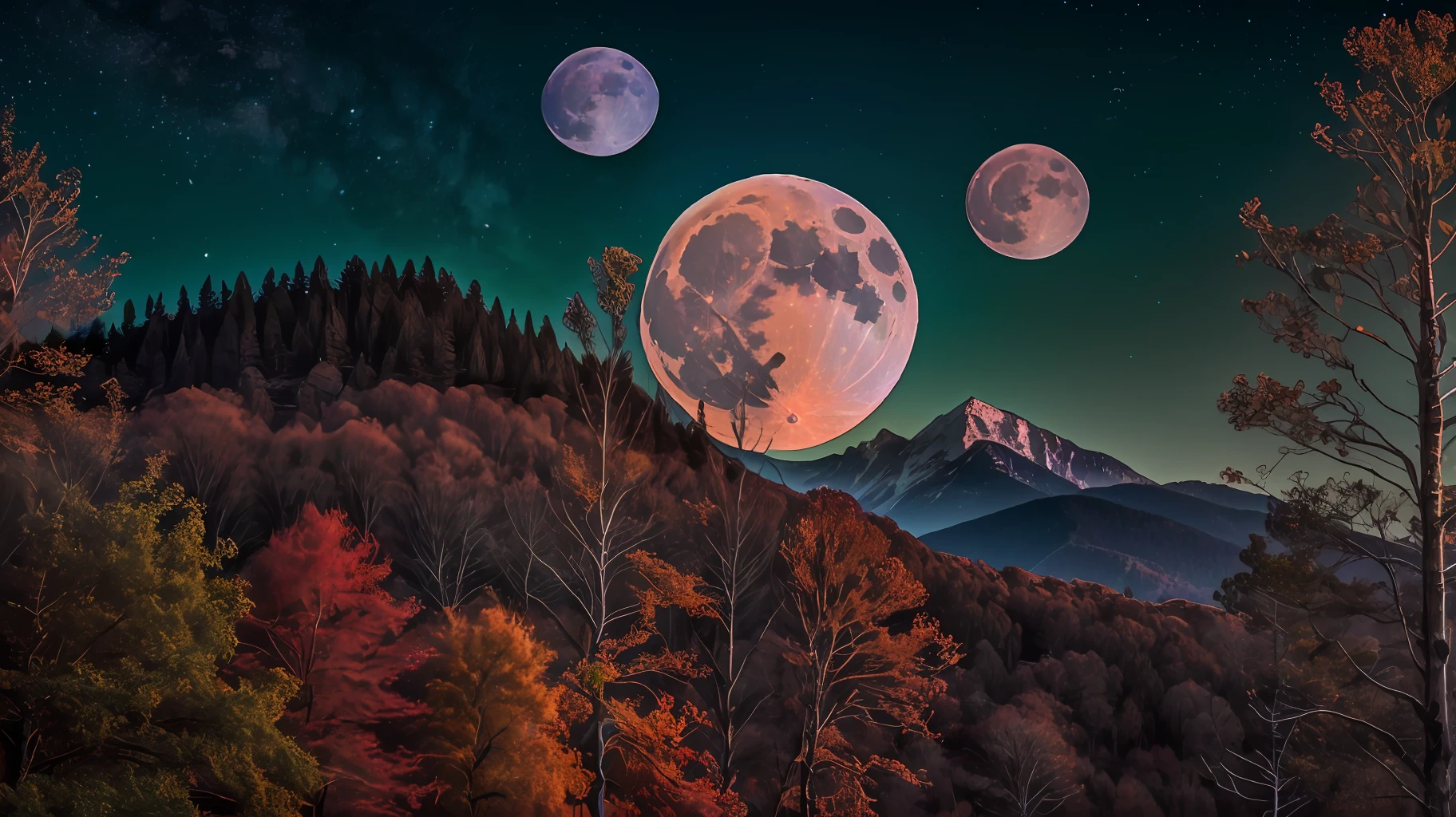 RAW photo, landscape, mountains, trees, 8k uhd, DSLR, soft light, high quality, film grain, Fujifilm XT3, ((red full moon))), ((three months bright)), realistic style