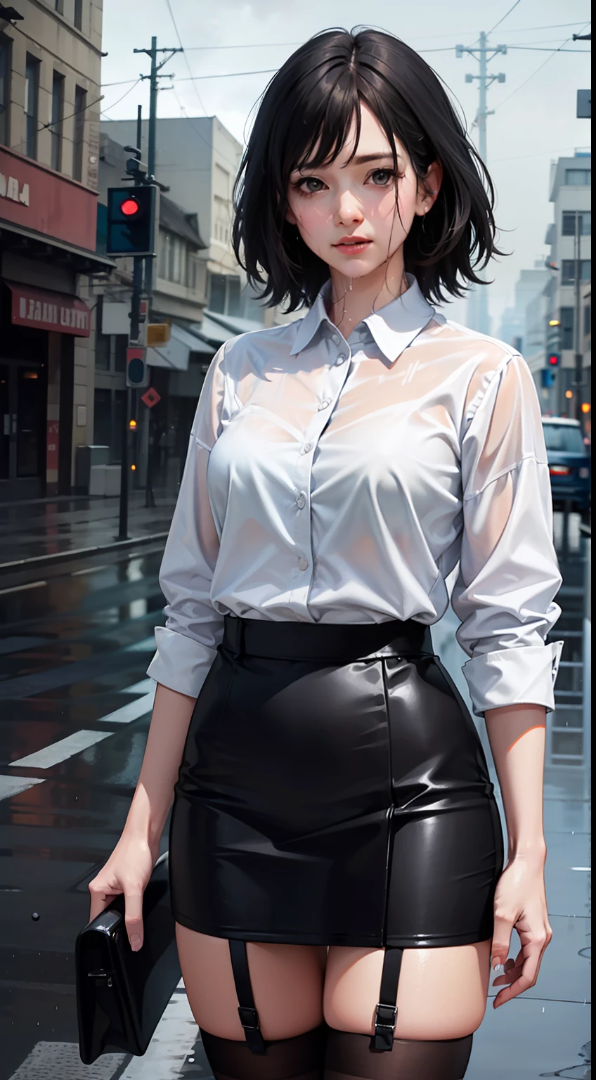 8K, masterpiece, best quality, ultra-detailed, photorealistic, realistic, extremely detailed face, film lighting, cinematic lighting, ray tracing, illustration, disheveled hair,
On a cloudy street, foggy and heavy rain, a girl with black hair and black eyes standing in the middle of the road and cried. She was wearing a black open jacket, a white shirt, a black short skirt, and black garter belt, The clothes were drenched by rain and revealed a black bra.,depth of field (dof),cinematic shot,film lighting,