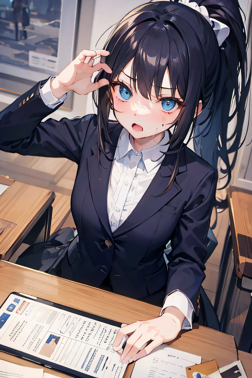 An 18-year-old girl propped up on a table and looking ahead (looking up: 1.2) (hand 1.2), anime shot
She wears a black suit
Medium to long hair
With a ponytail
Blue eyes
With a shocked look on his face, his mouth opened wide in fright
Sweating
The girl's whole body is facing the camera, and above the hips appears in the picture
In the background is a desk
Highest quality, detailed facial depiction, exquisite picture, rich color