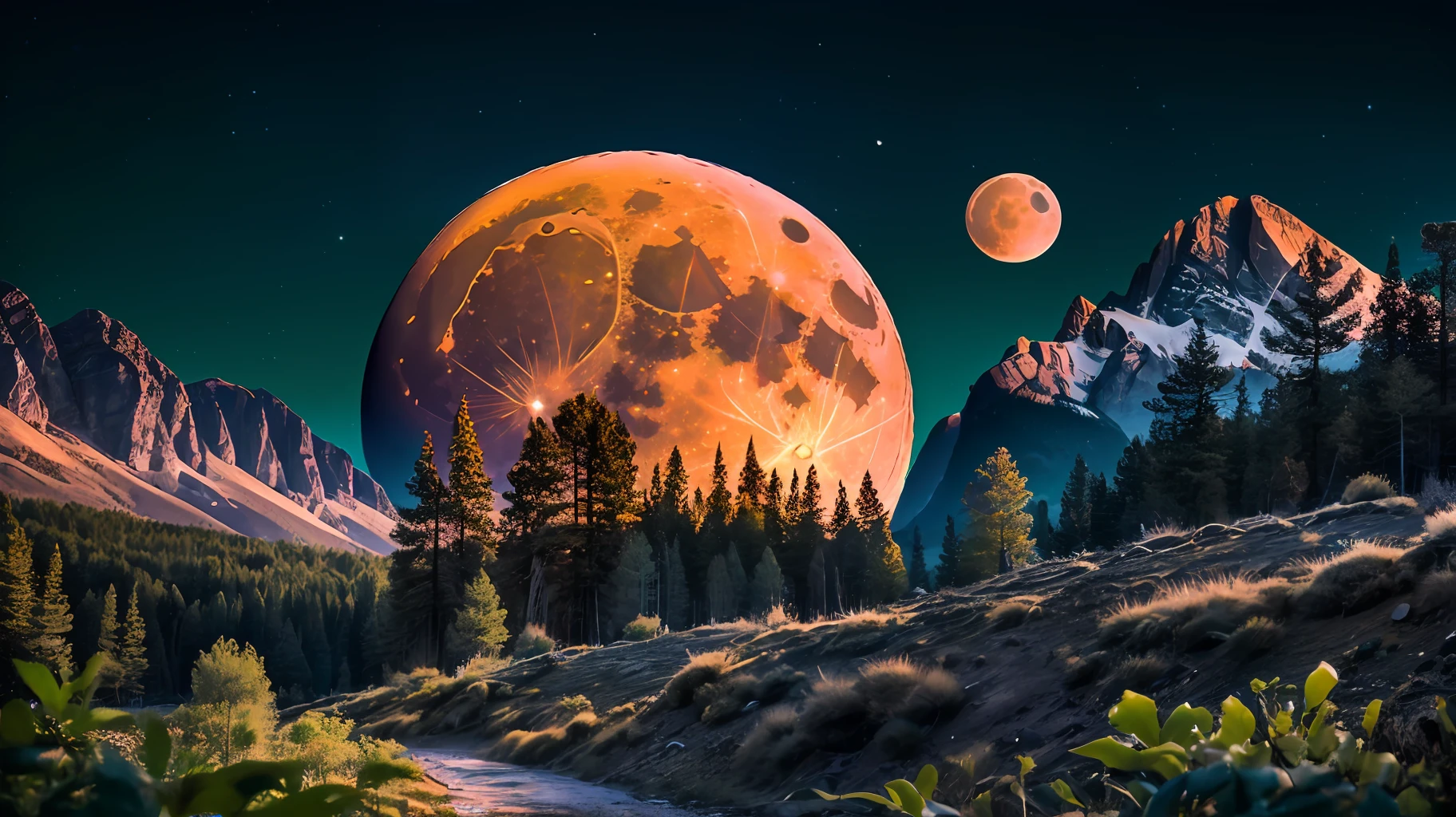 RAW photo, landscape, mountains, trees, 8k uhd, DSLR, soft light, high quality, film grain, Fujifilm XT3, ((red full moon))), ((three months bright)), realistic style