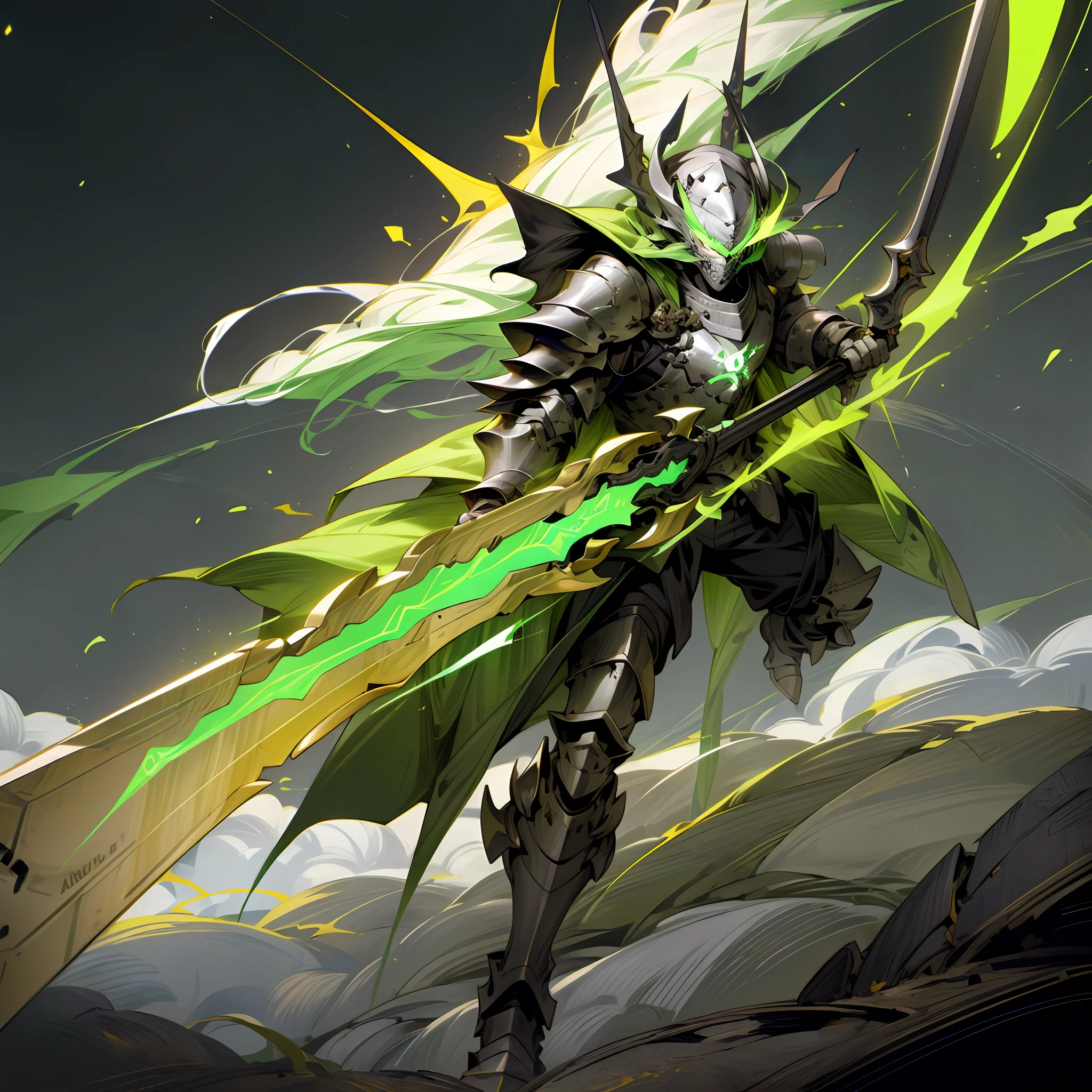 (((masterpiece))), (((Best Quality))), 1male, solo, knight, giant axe, glowing armor, glowing spear, dragon armor, epic anime, energy armor, black armor, green armor, energy spear, full body, green glow, night sky background,