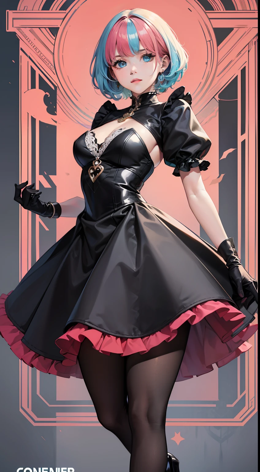 (masterpiece,best quality:1.4),1girl,(solo:1.2), pantyhose, dress, pink hair, multicolored hair,gloves,blue hair, short hair, two-tone hair,full body, puffy sleeves, black gloves, breasts, black dress, elbow gloves,standing,black footwear, black pantyhose,shiny legwear,juliet sleeves, high heels, closed mouth, looking at viewer, blue eyes, medium breasts, long sleeves, bangs, green eyes,(cover-style:1.3),background, elements, confident, expression, holding, statement, accessory, majestic, coiled, around, touch, scene, text, cover, bold, attention-grabbing, title, stylish, font, catchy, headline, larger, striking, trendy, focus,
