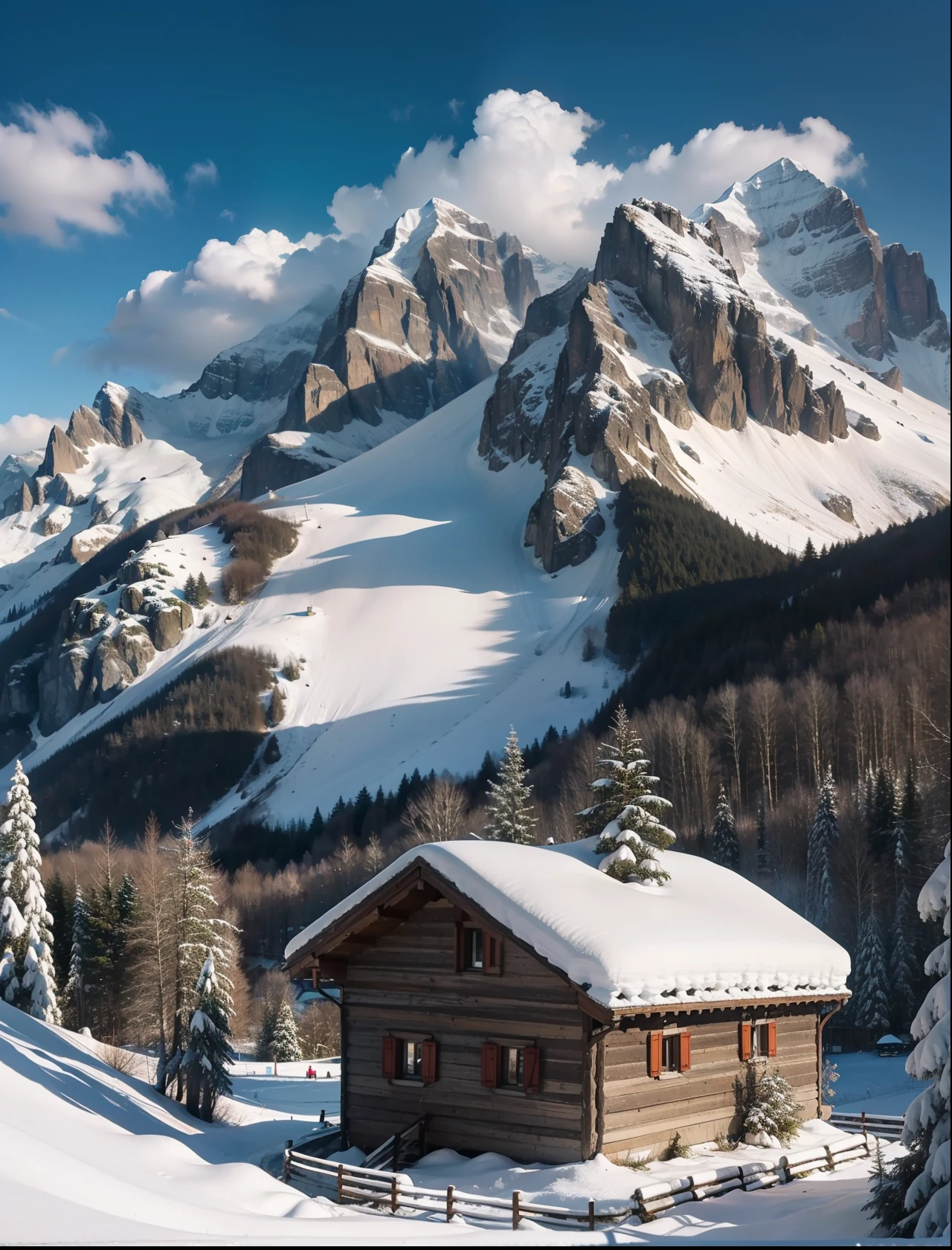 "A stunning 4K image capturing the beauty of a Swiss village nestled amidst snow-capped mountains, surrounded by lush greenery and vibrant flowers."