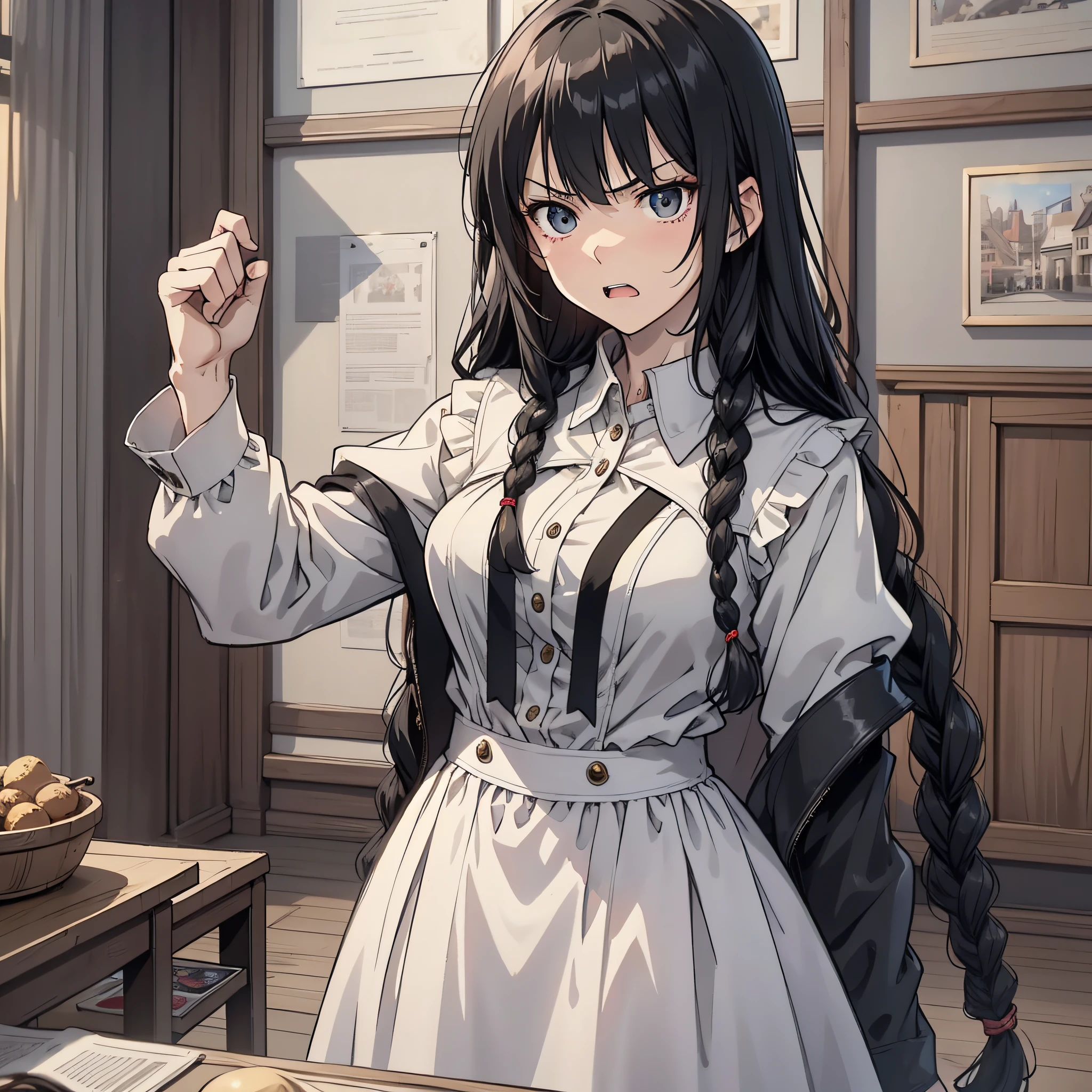 In a village room, a woman with long black hair and a braid and a white blouse stands in the room and raises her hand to hit someone, angry yelling (frown 1.5) (yelling 1.3) (hitting action 1.5) (angry expression 1.5) (background is in the village room 1.5) anime style 4 K, anime rendering, anime style. 8K, upper body display 1.5) (cinematic lighting 1.5)