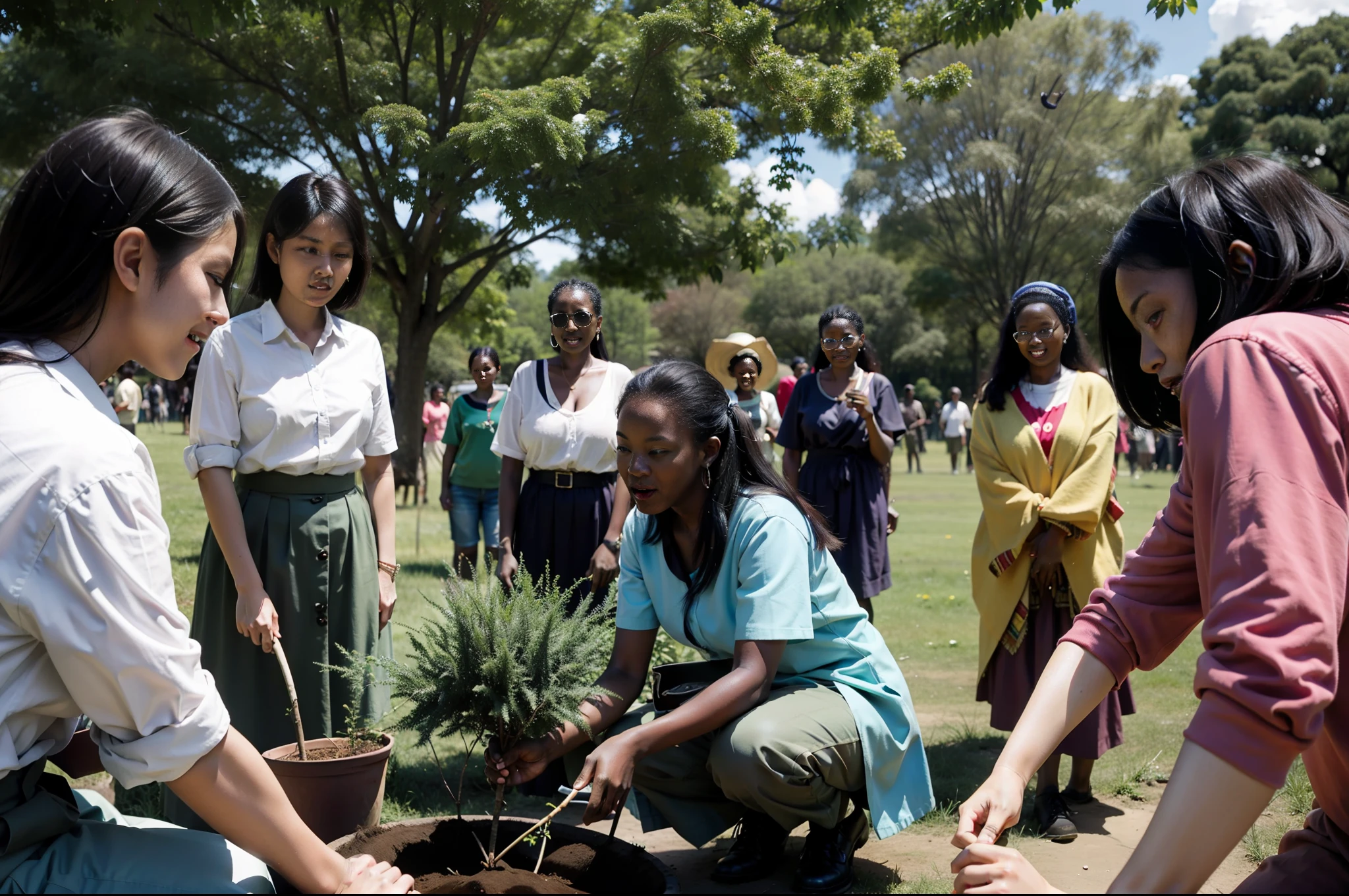 A photo of Wangari Maathai planting a tree with a group of women.