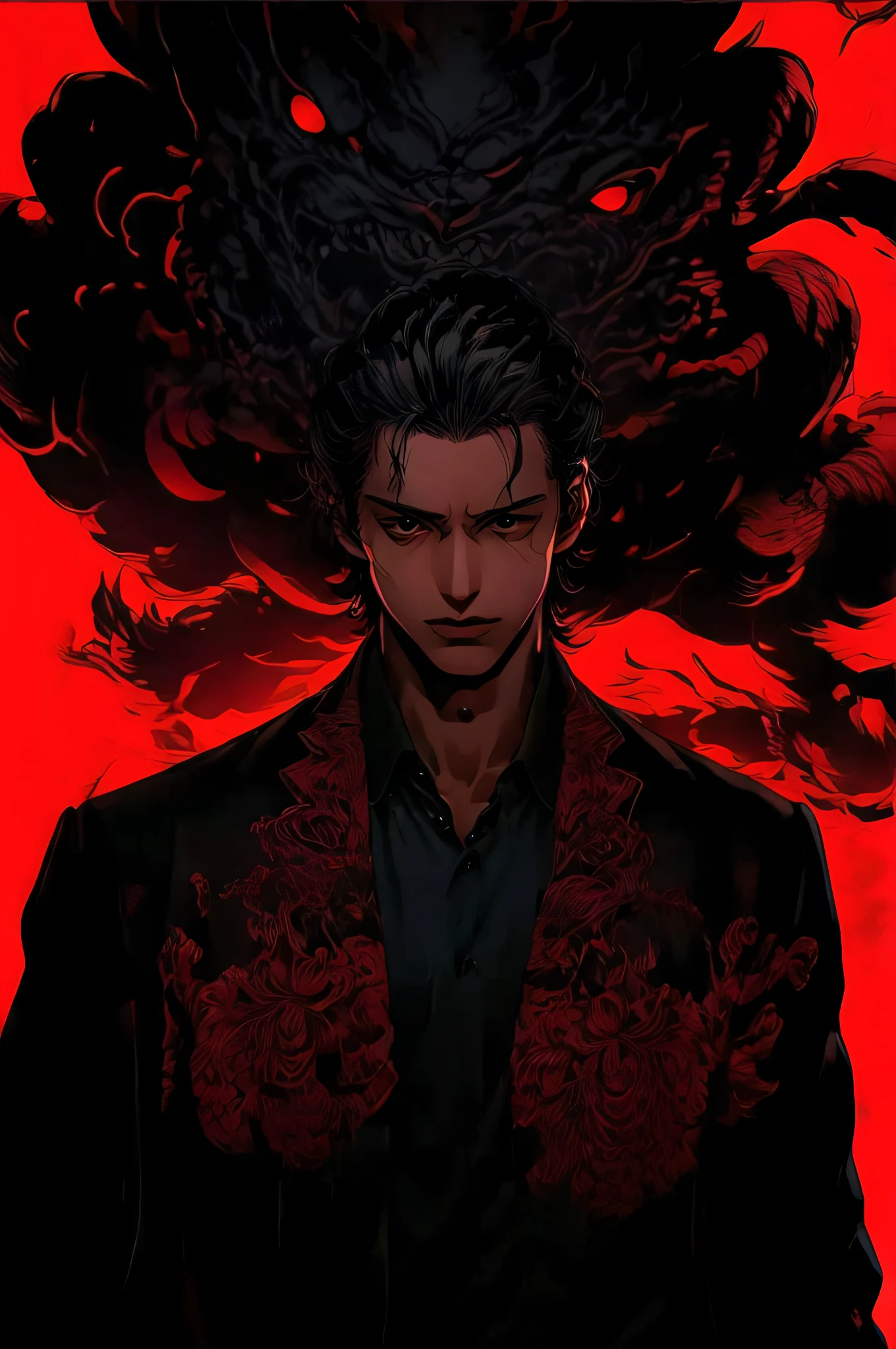 (1boy:1.5), (Pure black suit), masterpiece, black_hair, solo, 1boy, male_focus, red_background,murals, cinematic lighting, UHD, anatomically correct, best quality, super detail, 8k, best quality,