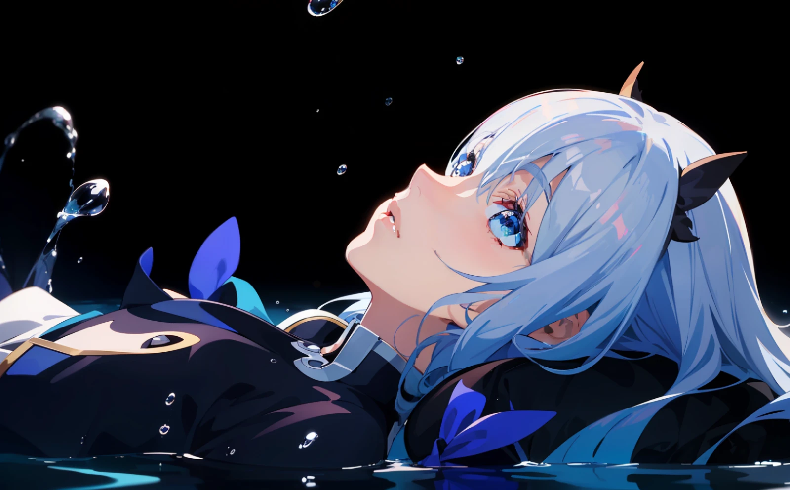 anime image of a woman floating in the water with her head in the water, anime girl on the surface of the water, waves, water drops, wading, Today's featured anime stills, (( ( ( Yoshinari Yoh ) ) ), animation stills, anime movie screenshots, characters half in the water, beautiful anime scenes, in anime movies, screenshots of anime from the 2012s, 8k wallpapers, masterpieces, cinematic lighting, top quality, illustrations, dramatic angles, ((color: 1.1)),((color inner hair: 1.4)), 1 girl, solo, long hair, water, blue eyes, necklace, parted lips, white, liquid hair, white hair, bangs, bangs, from side, silhouette, upper body, blue hair with small breasts, simple background, gray background, bare shoulders, portrait, looking at the audience, white dress, between hair, colorful hair, pink hair, face lighting, dynamic lighting, cinematic lighting, ultra-realistic, high resolution, photography, sharp focus, Supreme detail, extreme detail, super detail, fine detail, extremely detailed eyes and face