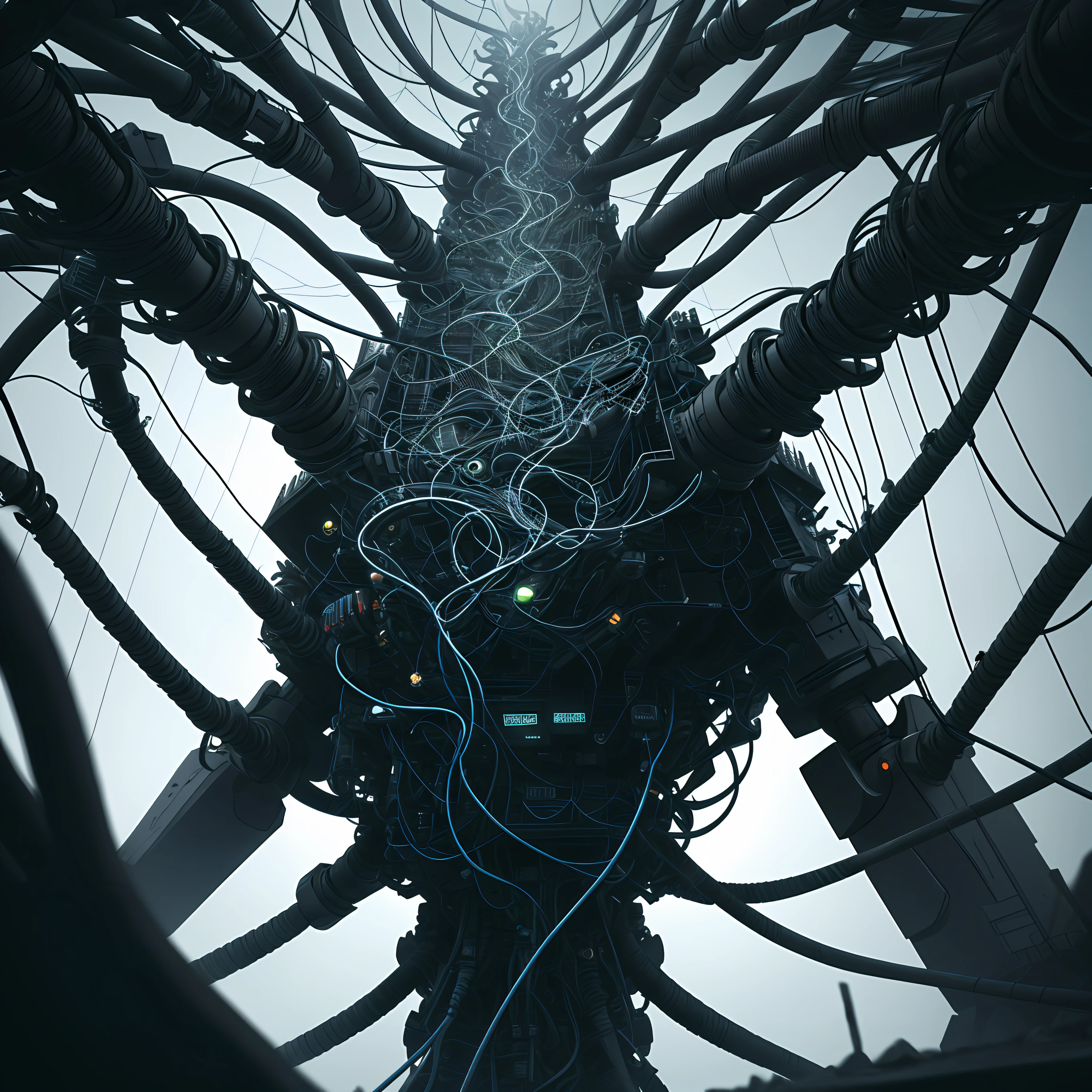 incredibly complex network of fractals and 3D wires and intricate cables arching behind it, in the environment mixes technology and roots that cross robots and technological pieces, dark fantasy, dark atmosphere, atmospheric lighting, cinematic lighting, best angle, ultra-detailed, intricate, angle from above