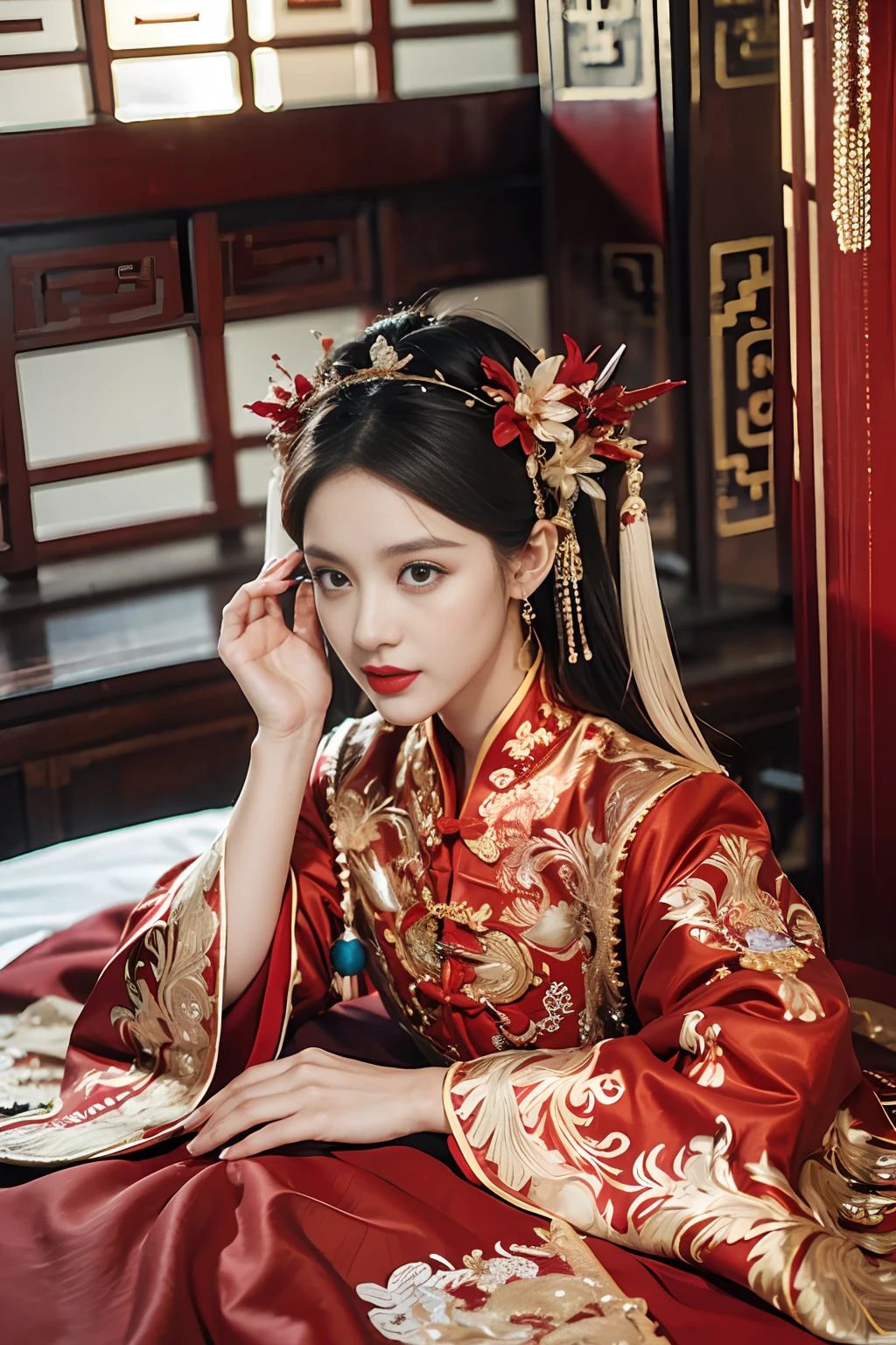 (ultra realistic 8k CG:1.2),perfect artwork,delicate pattern,intricate detail, (unparalleled masterpiece,best quality:1.2),(extremely intricate:1.2),a woman in a red and gold dress, Phoenix crown,hair stick,(sitting on red bed),Cosmetic,blush,shy,black_hair, looking down, Cosmetic,(forehead dot),(2 red candles), chinese_clothes, curtains, earrings, hair_ornament, hanfu, indoors, jewelry, red nails, long_sleeves, red dress, red lips, tassel, (Red quilt),(red palace:1.2),(ancient Chinese architecture),(red:1.8),night