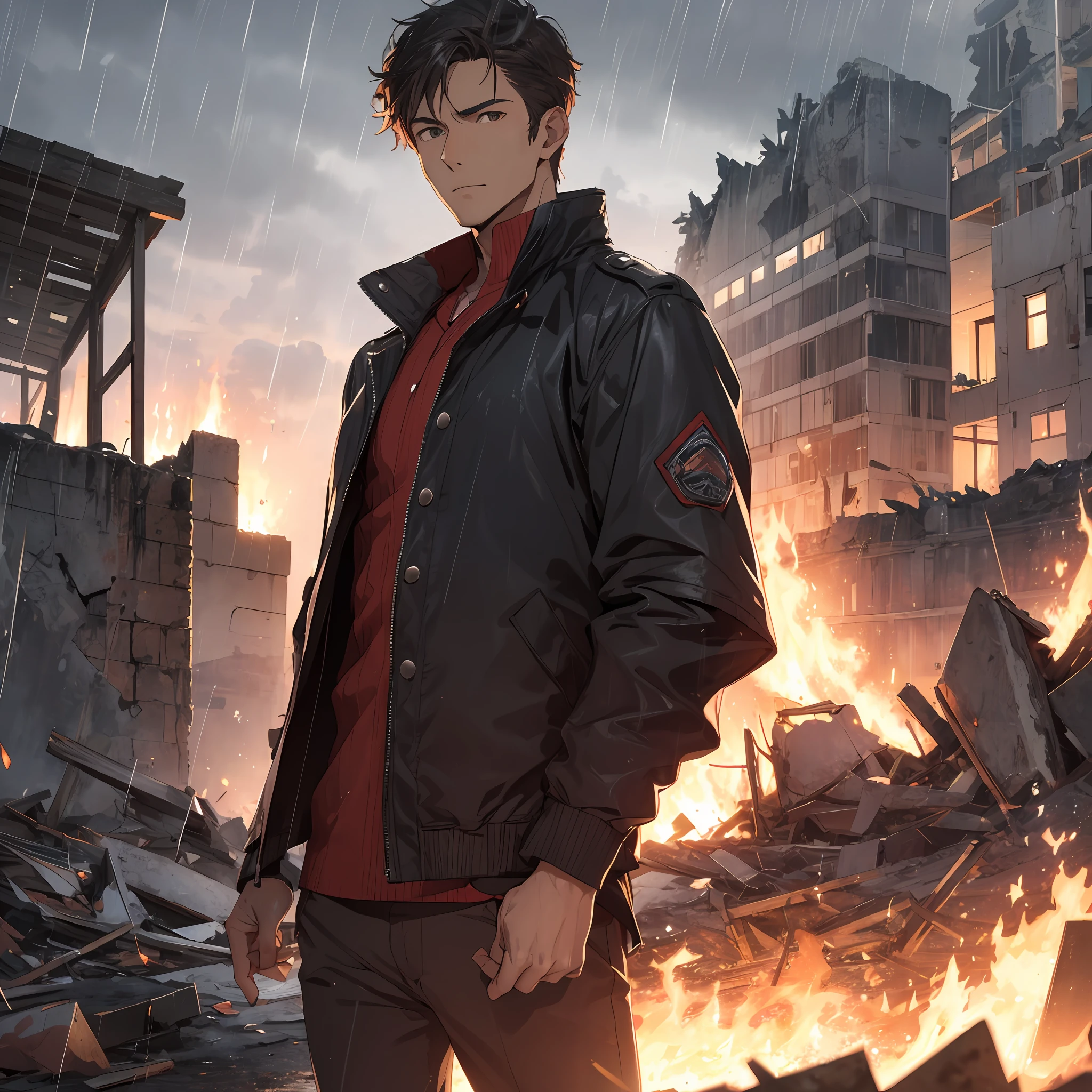 A handsome man with a flat expression, a wide jacket, the end of the world, raining, against the background of a fire burning in the deserted ruins