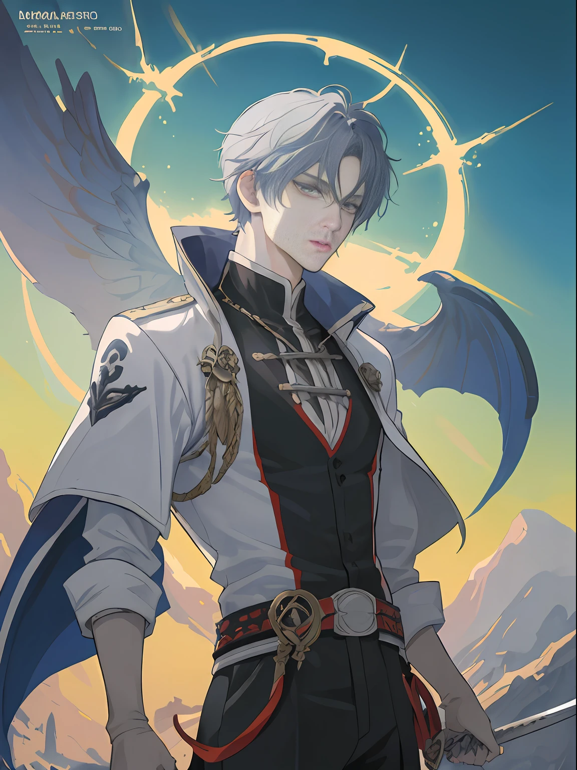 ((top quality, masterpiece)), comic art, man with a sword anime character, catekyo hitman reborn, otaku gangasta, Sirius A and Sirius B, high quality fan art, from Cryptid Academia, two anime handsome men, magnificent anime style, anime posters, detailed fan art, illustrations, Akihiko Inoue and Rostran,