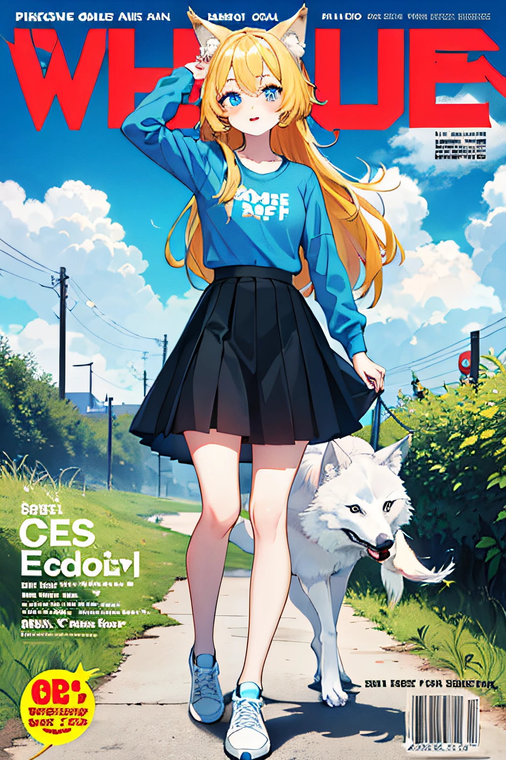 1girl, solo, long hair, skirt, outdoors, cloud, black hair, blue eyes, shirt, long sleeves, shoes, sky, tree, black skirt, full body, blue sky, bangs, blush, blue shirt, sneakers, standing, grass, white footwear, cloudy sky, day, print shirt, looking at viewer, walking
1girl,full body,(golden eye),(red eye),(wolf ear),(yellow hair),(wolf tail),(wolf ears),(a cute young girl:1.1),(wolf ear),beautiful detailed eyes,orange hair, very long hair,small breasts,(looking at viewer),
(magazine:1.3), (cover-style:1.3), fashionable, woman, vibrant, outfit, posing, front, colorful, dynamic, background, elements, confident, expression, holding, statement, accessory, majestic, coiled, around, touch, scene, text, cover, bold, attention-grabbing, title, stylish, font, catchy, headline, larger, striking, modern, trendy, focus, fashion,
