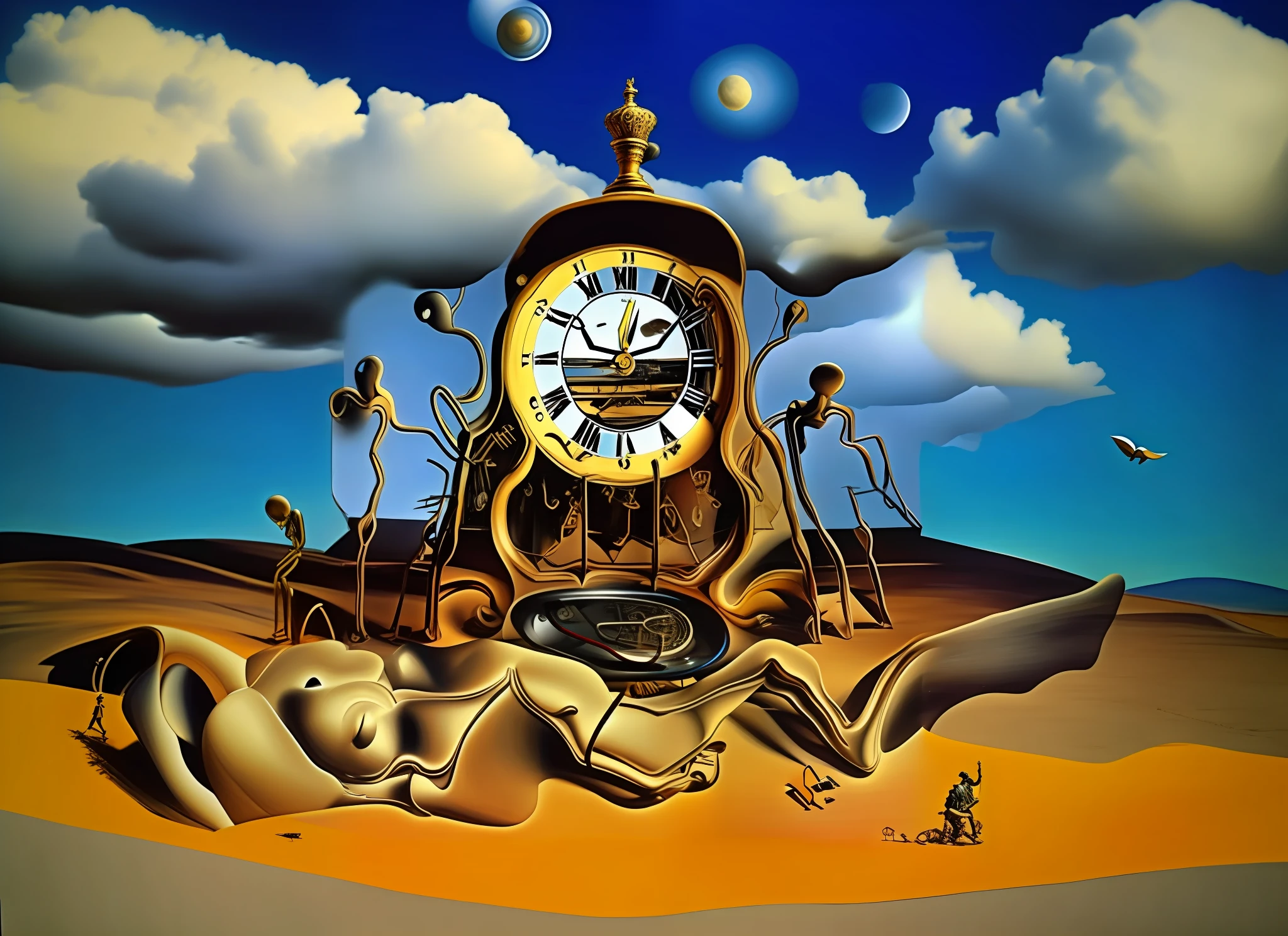 painting of a clock with figures surrounding it in a desert, by Dali, style of salvador dali, by Salvador Dali, style of dali, salvador dali style, salvador dali painting, dali style, in style of salvador dali, inspired by Dali, by Salvador Dalí, surrealist art, by Dalí, surrealism art, inspired by Salvador Dali, illusion of bent time