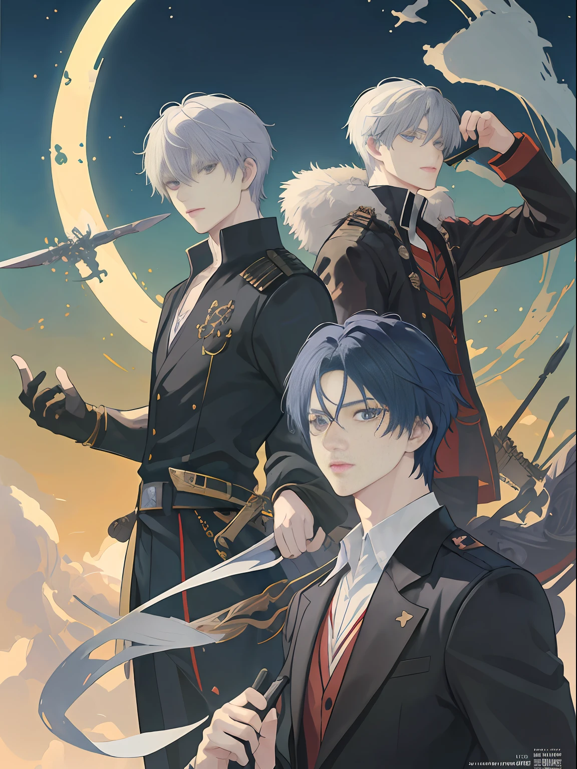 ((top quality, masterpiece)), comic art, man with a sword anime character, catekyo hitman reborn, otaku gangasta, Sirius A and Sirius B, high quality fan art, from Cryptid Academia, two anime handsome men, magnificent anime style, anime posters, detailed fan art, illustrations, Akihiko Inoue and Rostran,