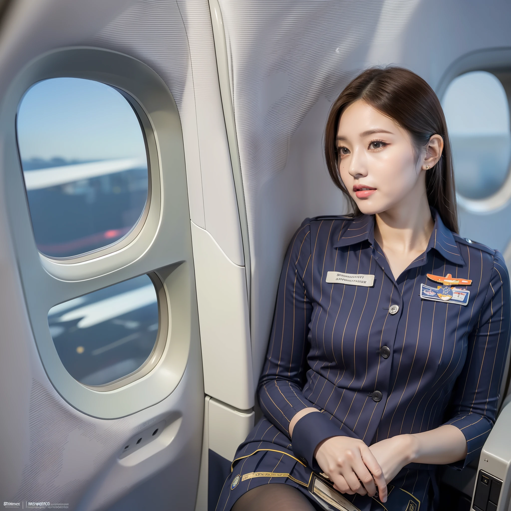 (8k, RAW photo, best quality, masterpiece:1.2), (realistic, photo-realistic:1.2), (ultra highres), (ultra detailed), absurdres,
1girl, beautiful face, symmetric eyes, TWbabe5, perfect body proportions,medium breasts, 
(stewardess uniform, miniskirt:1.2), skintight, pantyhose, badges, slim legs, 20d, sitting, detailed skin, looking at viewer, (airplane interior:1.2), front view,