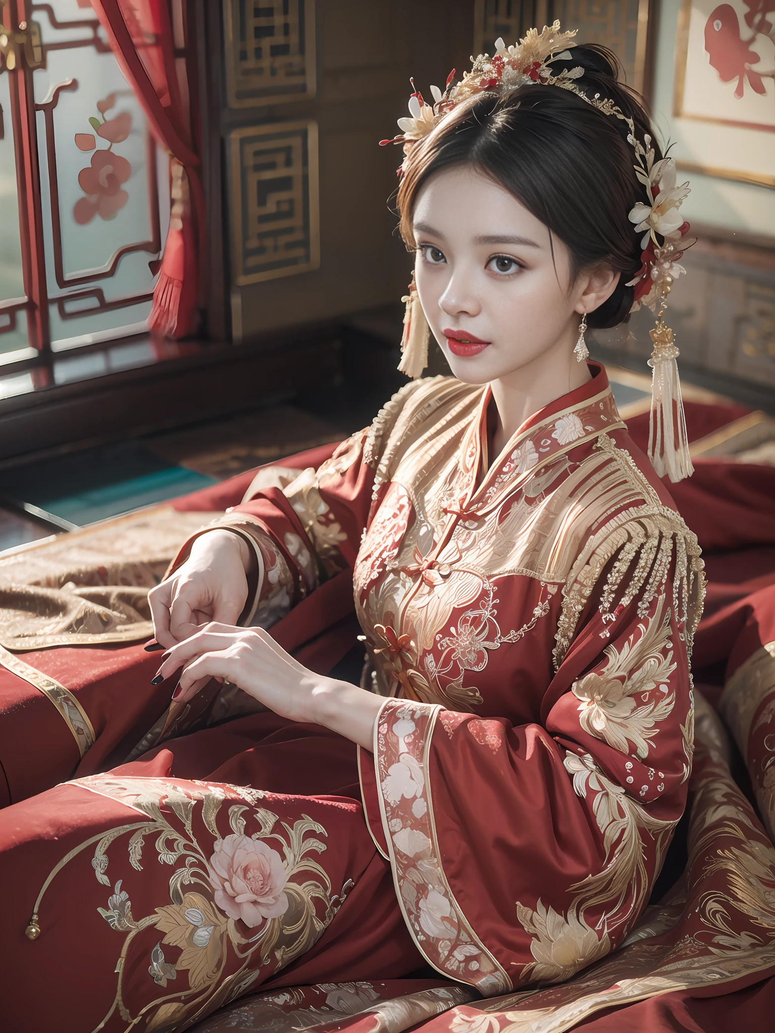 (ultra realistic 8k CG:1.2),perfect artwork,delicate pattern,intricate detail, (unparalleled masterpiece,best quality:1.2),(extremely intricate:1.2),a woman in a red and gold dress, Phoenix crown,hair stick,(sitting on red bed),Cosmetic,blush,shy,black_hair, looking down, Cosmetic,(forehead dot),(2 red candles), chinese_clothes, curtains, earrings, hair_ornament, hanfu, indoors, jewelry, red nails, long_sleeves, red dress, red lips, tassel, (Red quilt),(red palace:1.2),(ancient Chinese architecture),(red:1.8),night