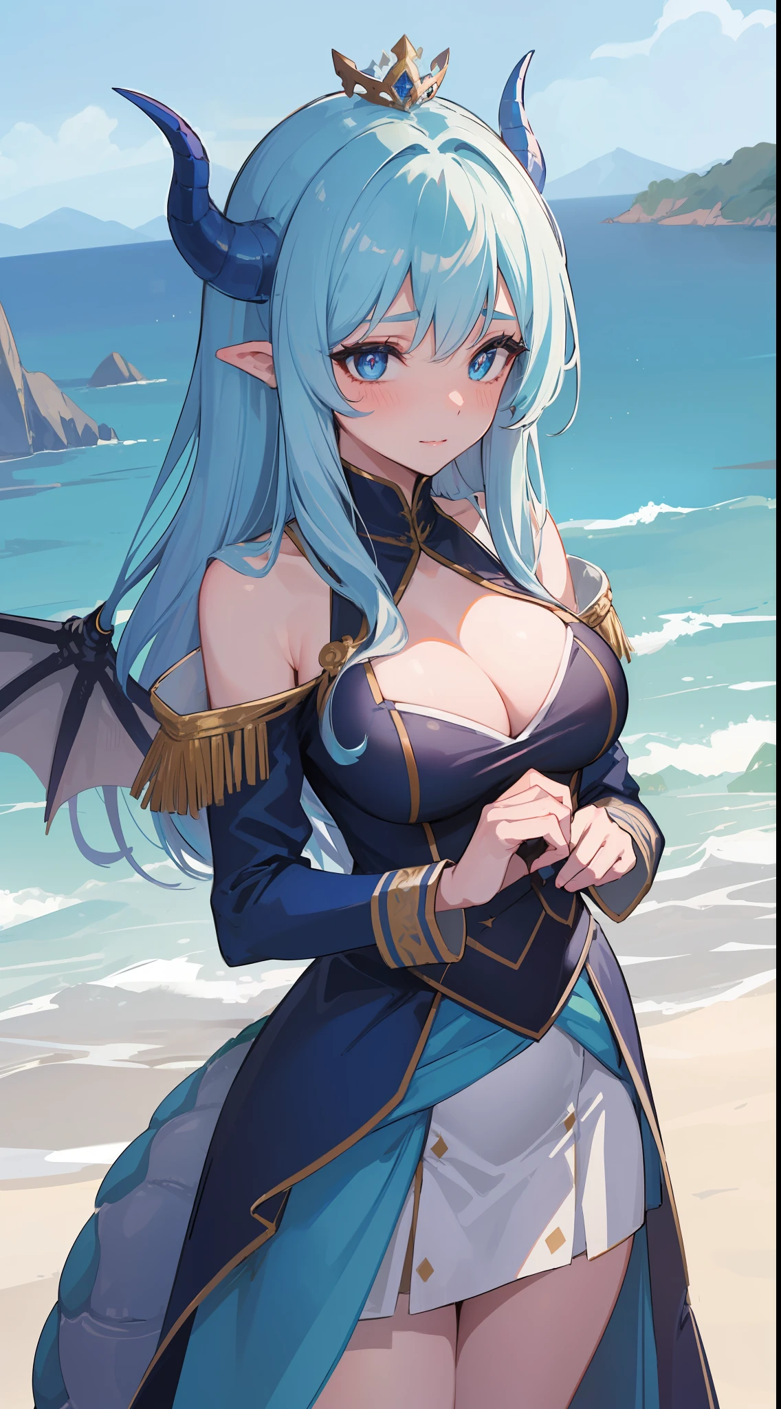 1blushes mommy, long sharp light-blue hair, sharp blue eyes with sharp star pupils, wears a white royal uniform overlaid with blue, she is a dragon girl and queen of dragons, medium boobs, 8k, beautiful scenery colour, she is very hot dragon milf ((milf face)) ((8k))