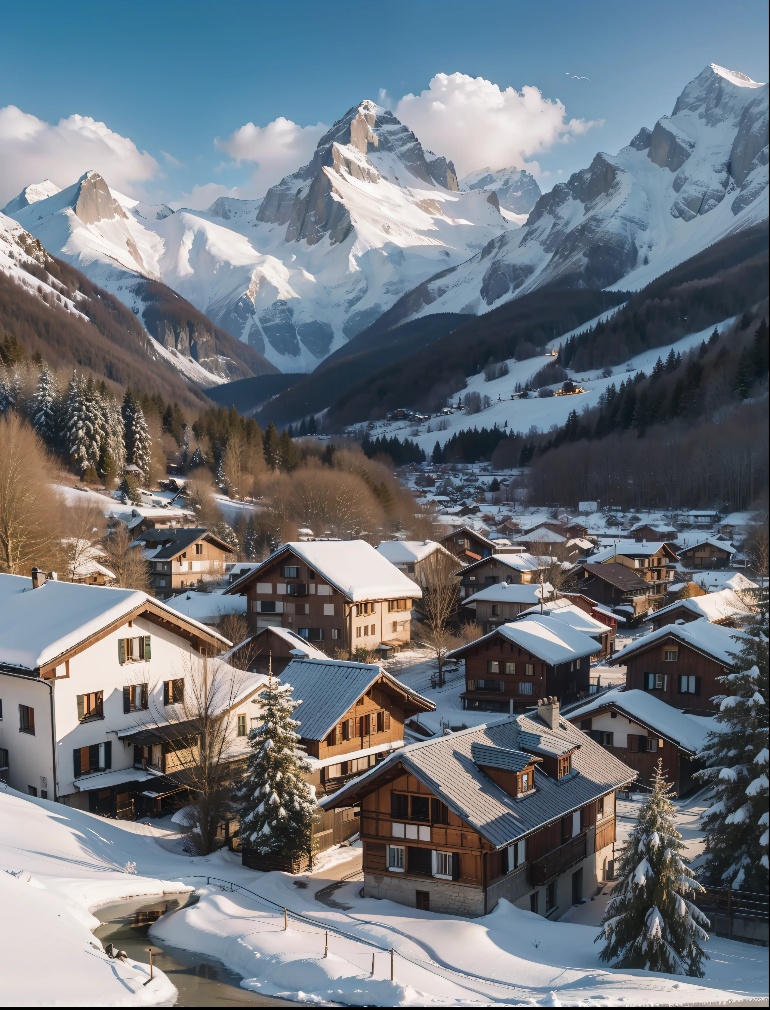"A stunning 4K image capturing the beauty of a Swiss village nestled amidst snow-capped mountains, surrounded by lush greenery and vibrant flowers."