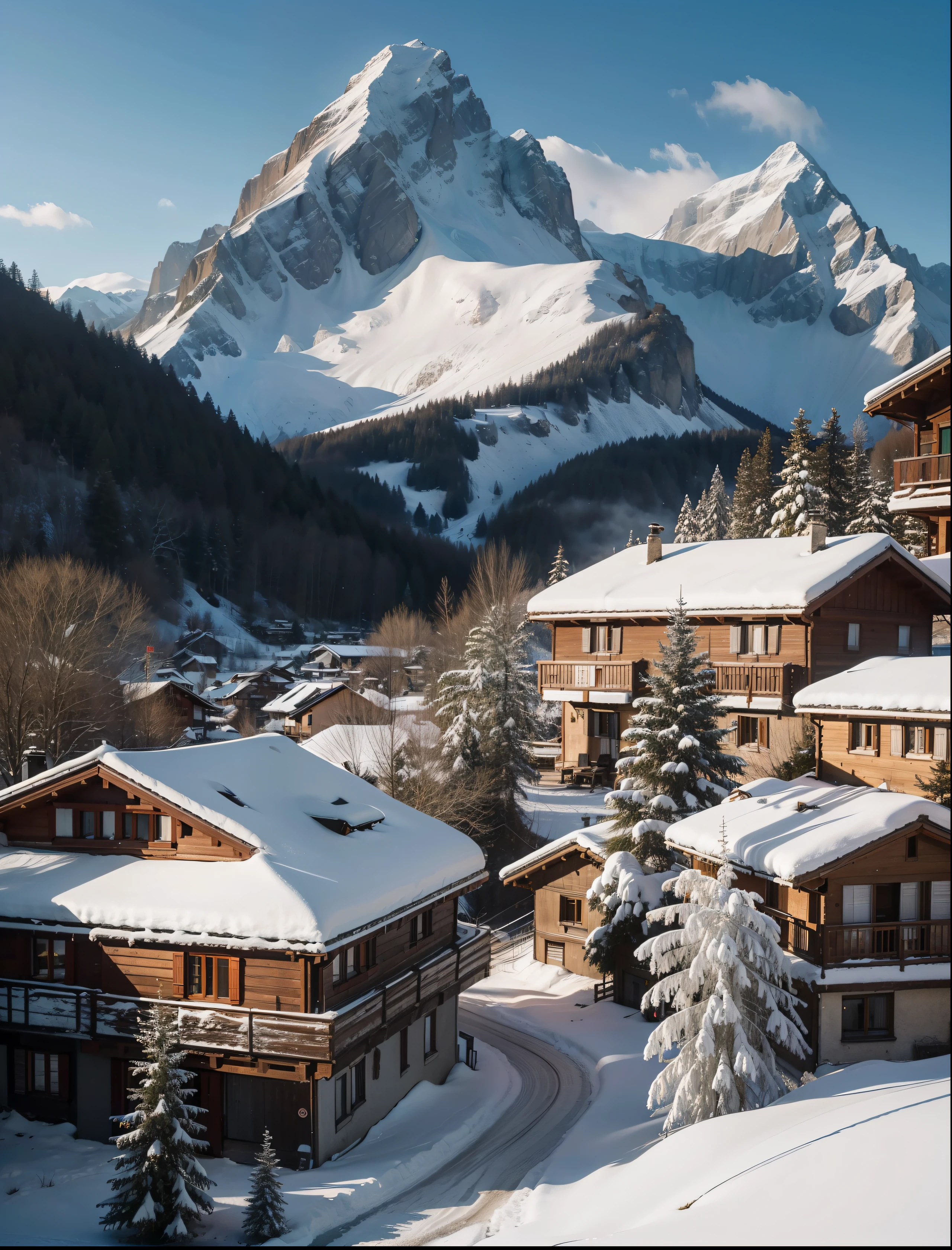 "A stunning 4K image capturing the beauty of a Swiss village nestled amidst snow-capped mountains, surrounded by lush greenery and vibrant flowers."
