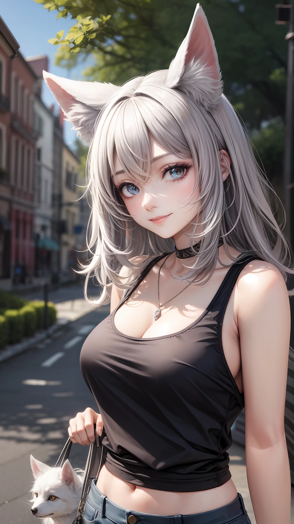 Adult female, casual hairstyle, casual eyes, white fox ears, casual clothes, chest, smile, masterpiece, high quality, casual background, full body shot