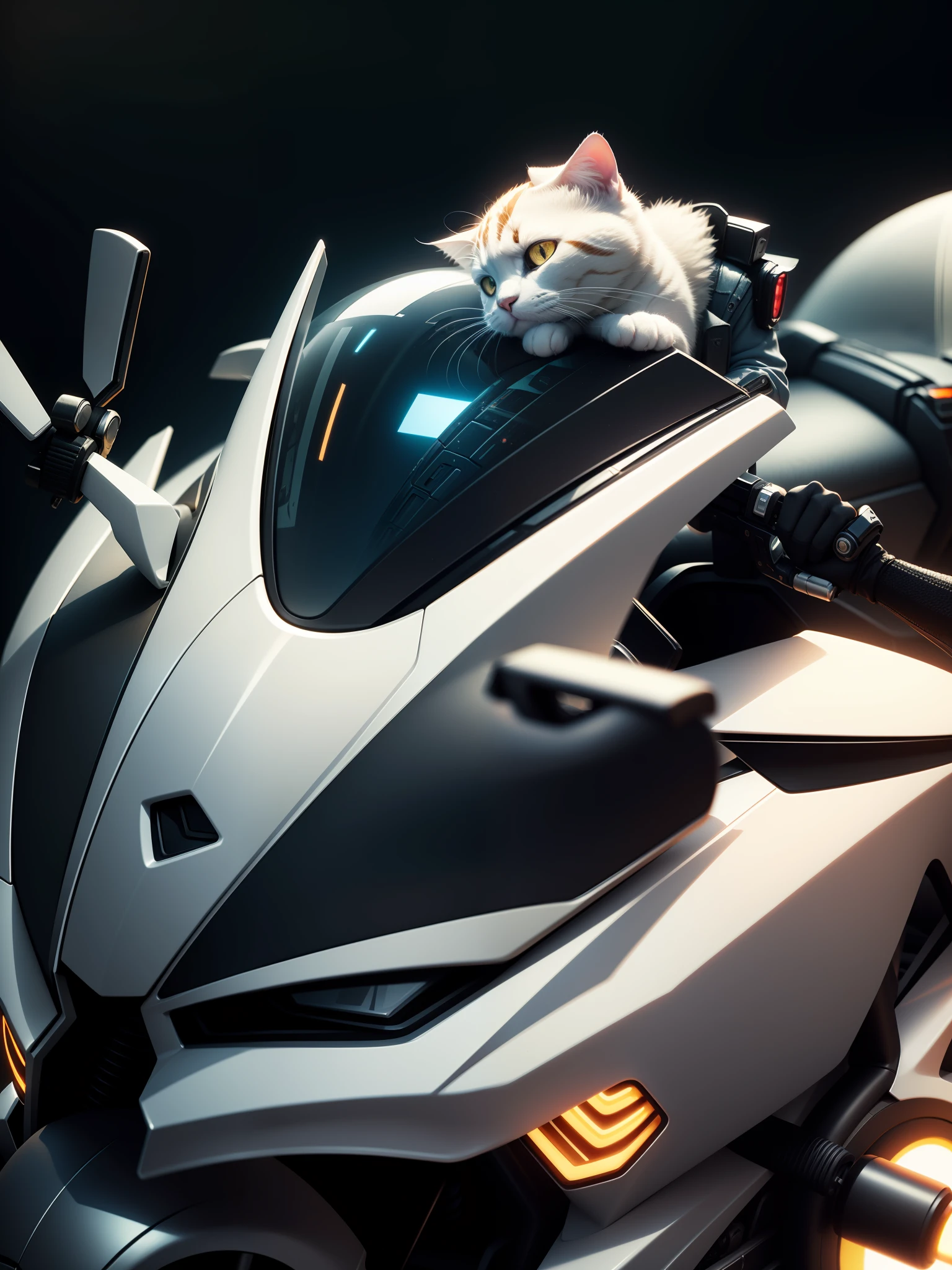 Transformers, 4k picture quality, best quality, white motorcycle, futuristic style, cat crouching on motorcycle, puppet cat, mechanical armor, global illumination, futuristic technology, 3d, unreal background, glowing pattern