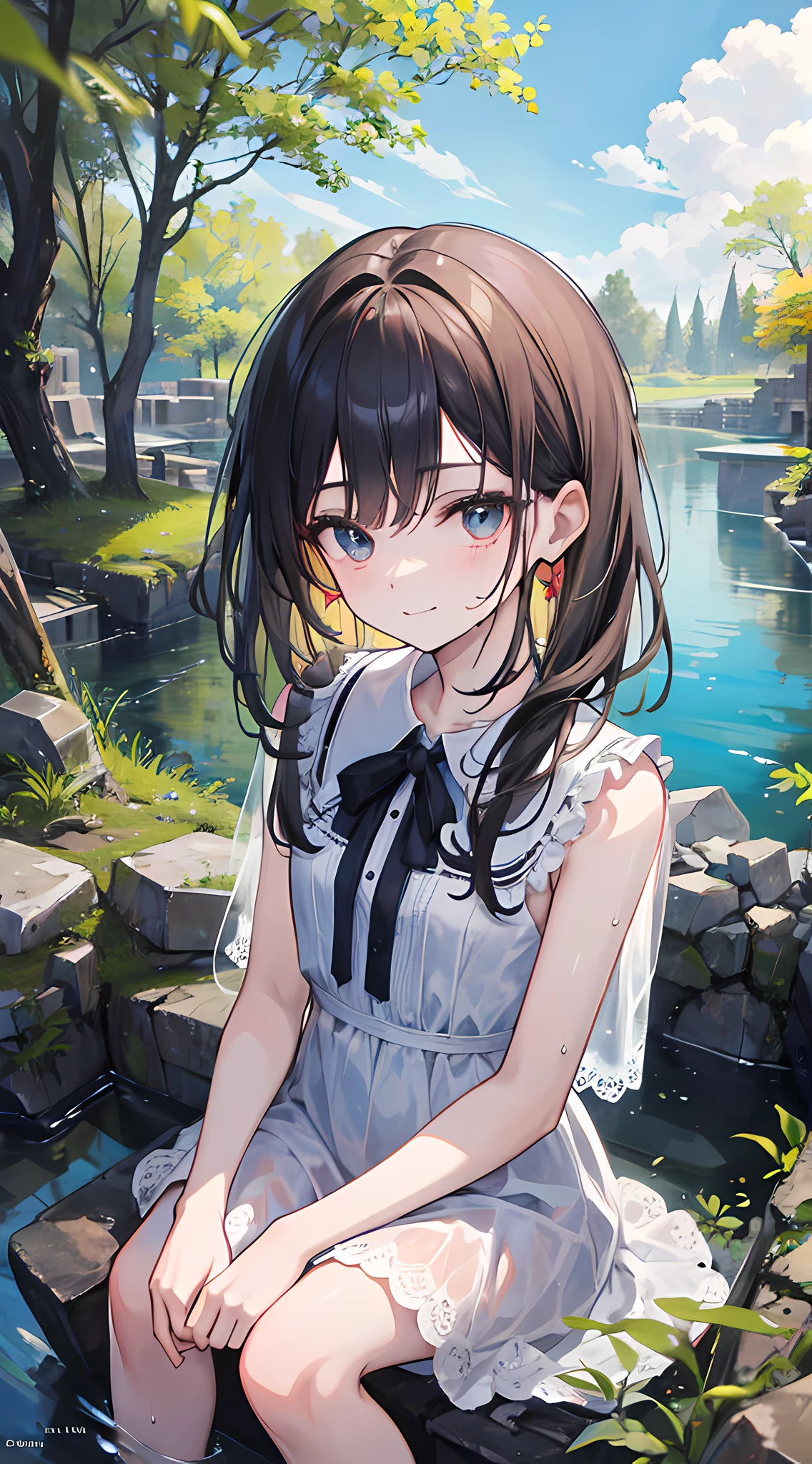 (masterpiece, best quality:1.4), 8k, official art, raw photo, absurdres, from above, girl, evil smile, upper body, sitting, white summer dress, wet, see-through, stone bridge, ruins, sky, woods, stream, detailed shadow, light leaks, perspective, depth of field, sharp focus, highres, ultra detailed, finely detail, extremely detailed, (detailed eyes and face, sharp pupils, realistic pupils:0.6)