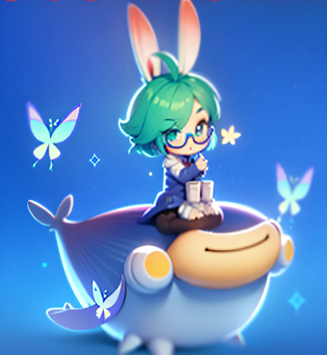 Cartoon characters sitting on whales, rabbt_character, mobile game character art, magic whales, cute characters, butterfly elf characters, inspired by Zhuang Zhou, Anti Chao, Judy Hopps, mobile game art, hero 2 D fan art