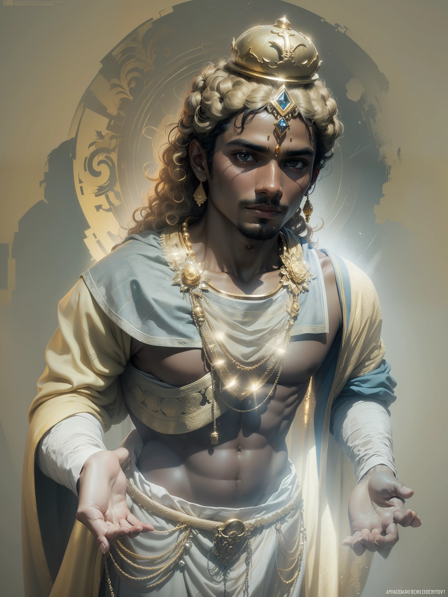 An Indian with yellow skin, curly black hair, no crown at the top of his bun, kind eyebrows, wearing a brown robe, raising his hands forward, and the aperture behind his back shines. Ultra-high resolution, golden glow.