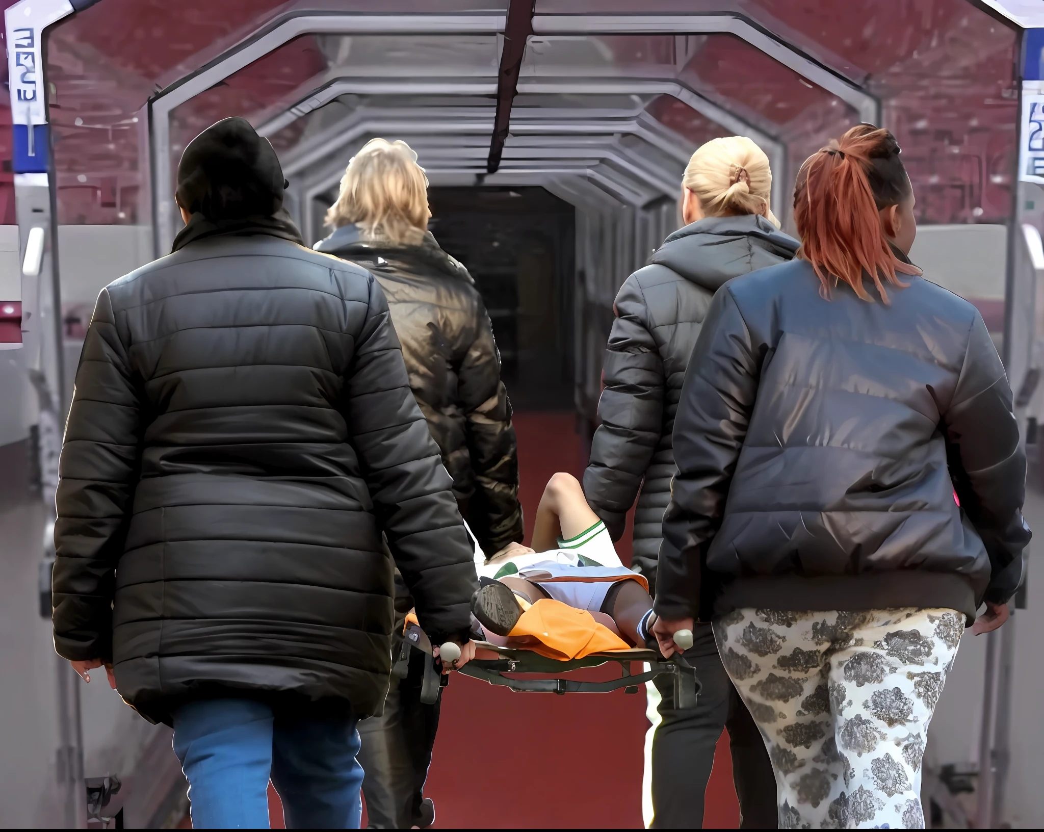 longhaired girls in shiny wetlook coats are walking while carrying a stretcher with a male person on it, aesthetic shot, vThere is a man lying on a stretcher with his hands crossed over his face, a man in a t-shirt and sports shorts has crossed his hands over his face, the man has an agonised face under his hands, two longhairedponytailed women that are wearing very shiny coats, there are longhaired women wearing laquered puffy coats, longhaired women are walking in wetlook puffy coats, several women walking around a football field with an injured athlete on a stretcher, the injured athlete on the stretcher covers his face with both hands, the women look very worried, behindthe women there is a frightening atmosphere, there is heavy rainfall in the background, video still, behind the scenes, Malika Favre, screenshot, footage, 4 0 9 6, cover photo, aesthetic shot, dramatic mood, intense scene, Making of, Mongezi Ncaphayi, Thriller atmosphere, Filming, Edited, heartbreaking, the victim is in the center, photograph taken in 2 0 2 0, people on the ground, celebrity, interesting angle