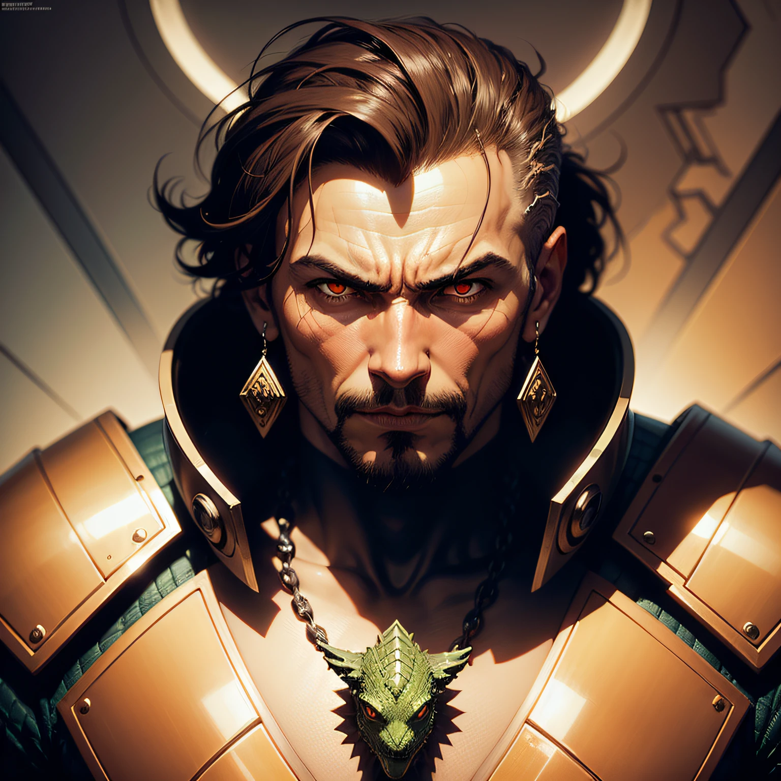 male ominous lizard god of sorcery character, mohawk, art deco armor, geometric hexagonal symmetric structure face portrait, Yoji Shinkawa, boris vallejo, Frank Frazetta, Syd Mead, Moebius, comic book style, graphic novel, manga, oil painting