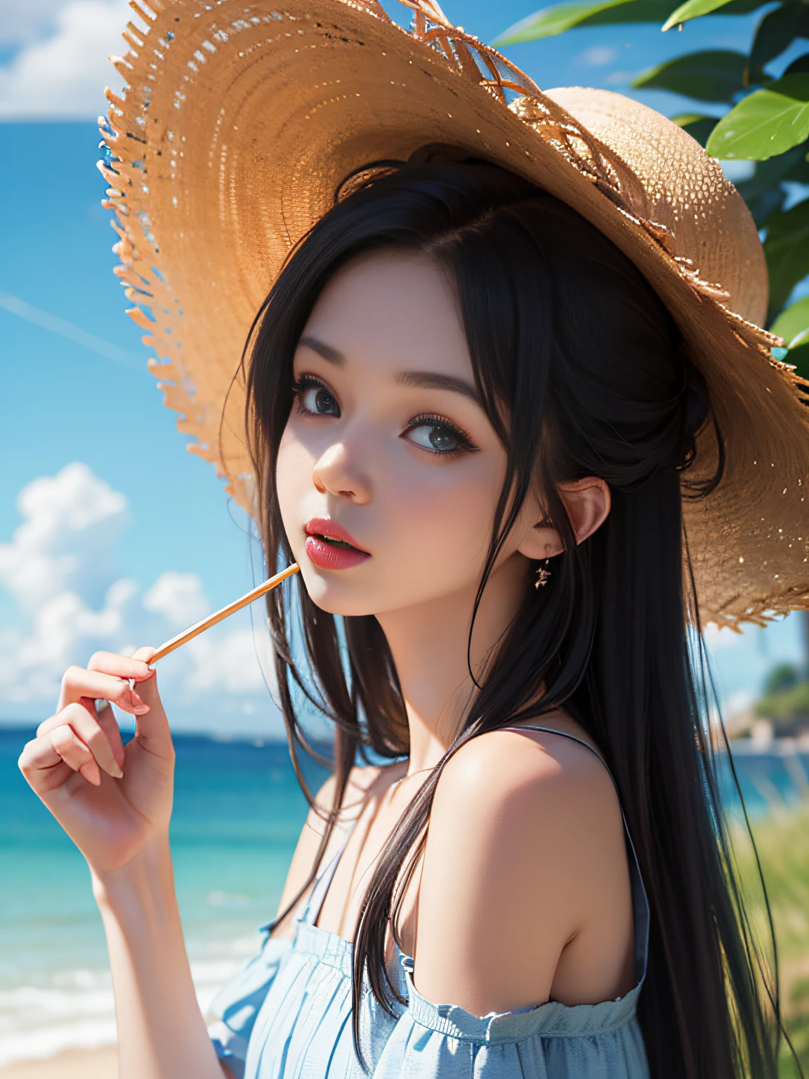 HD, depth of field, spring, smaller head, sideways, black hair, yellow straw hat, anime, off-the-shoulder, wild, seaside, colorful flowers and plants,