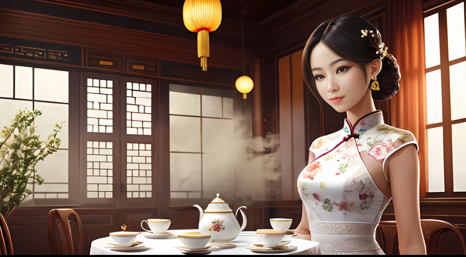 (1girl:1.3),((Very detailed face)),(Very detailed eyes and face),Beautiful detail eyes,Body parts__,Official art,Unified 8k wallpaper,Super detail,Beautiful and beautiful,Beautiful,Beautiful,Masterpiece,Best Quality,Original,Masterpiece,Super Fine Photo,Best Quality,Ultra High Resolution,Realistic Realism,Sunlight,Full Body Portrait,Amazing Beauty,,Dynamic Pose,Delicate Face,Vibrant Eyes,(From the front), Elegant, She wears Chinese style classical tea dress, full body, tea leaves, tea room background, simple tea set, detailed face, messy, gorgeous, milky white, highly detailed skin, realistic skin details, visible pores, clear focus, volumetric fog, 8k uhd, high quality, film grain, fair skin, photo realism, classical Chinese tea room, translucent --auto