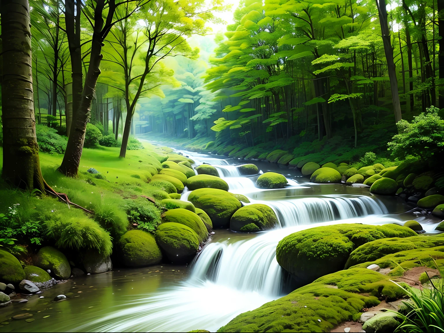 Japan clear stream, forest, water surface, fresh green, fine leaves, photorealistic, bright --auto