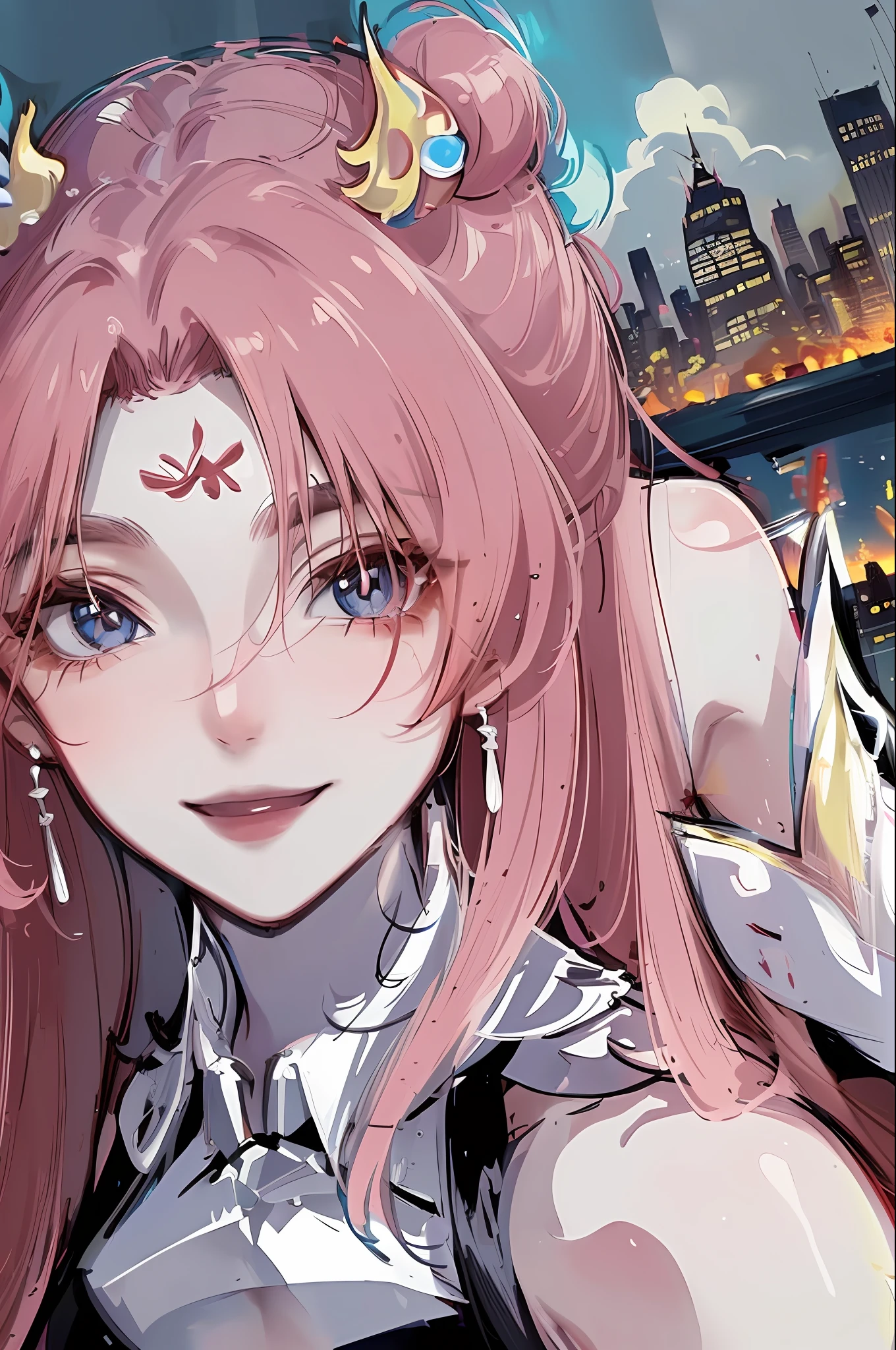 official art, masterpiece, sharp focus, (beautiful gorgeous cute Korean woman:1.3), (beautiful cute korean:1.3), korean beauty, Delicate and beautiful hair and eyes and face, realistic, ultra detailed, beautiful girl, blue sky, glow white particle, (sidelighting:1.2), sun light, white cloud, detailed clouds, slender, Lovely very large breasts and very large hips, smile with teeth, ((smile with eyes, open both eyes)), scenery, long straight hair, sexy facial expression, building, (cityscape:1.7), dynamic hair, long straight hair, detailed platinum pink hair, glow blue eyes, (blue pleated shirts + white skirt), white long socks, pale skin, hair ornament, epic scenery,