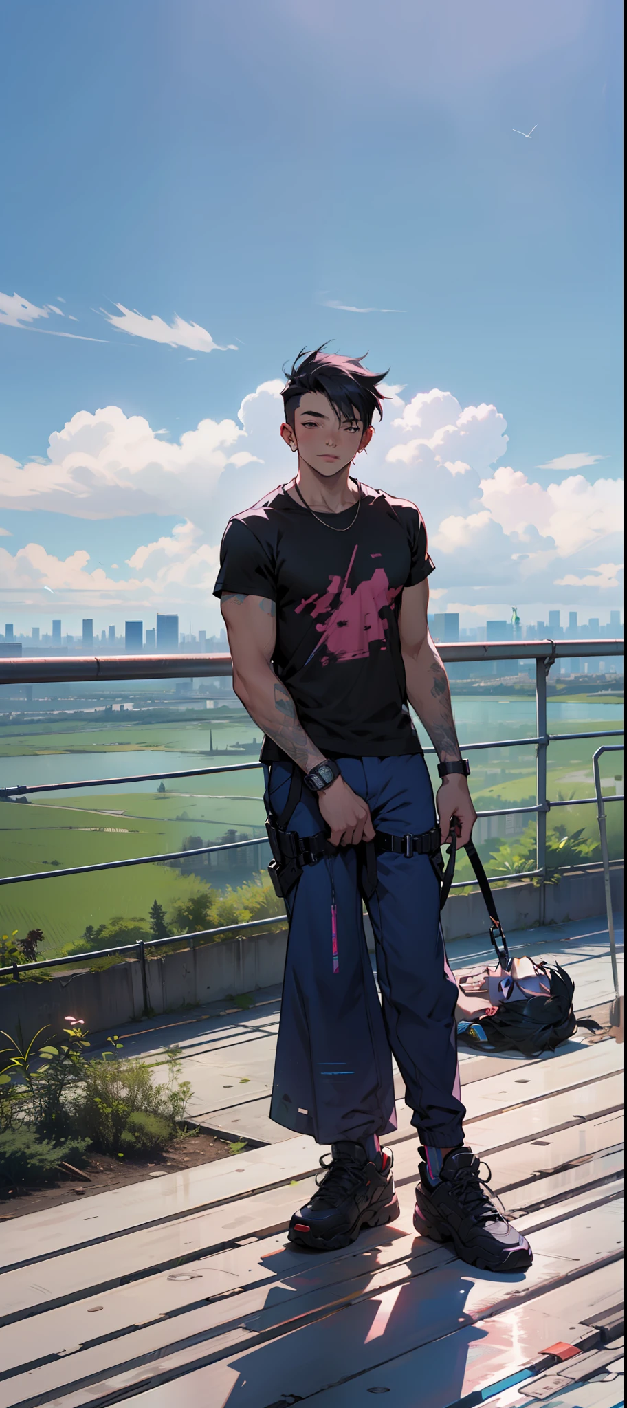 Young man with black hair black shirt with pink detail blue pants resting on a deck with a city in the background sunny cyberpunk style futuristic technology