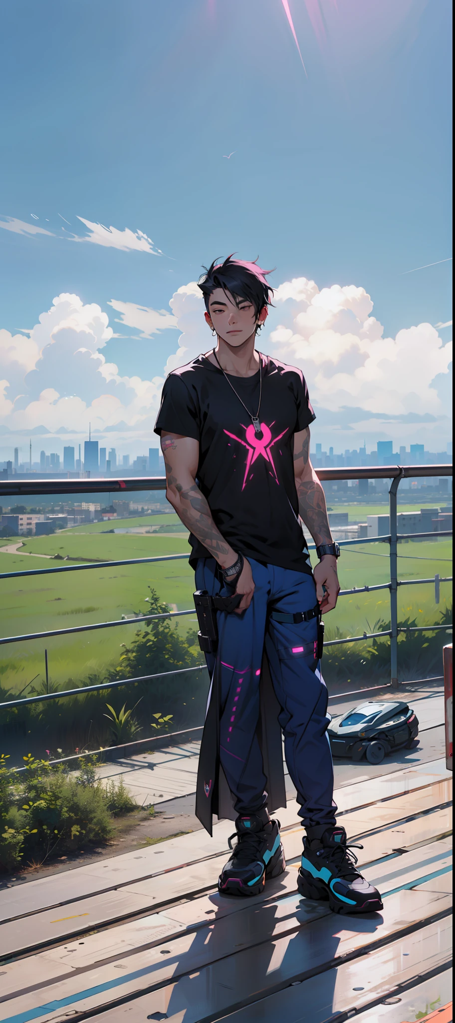 Young man with black hair black shirt with pink detail blue pants resting on a deck with a city in the background sunny cyberpunk style futuristic technology