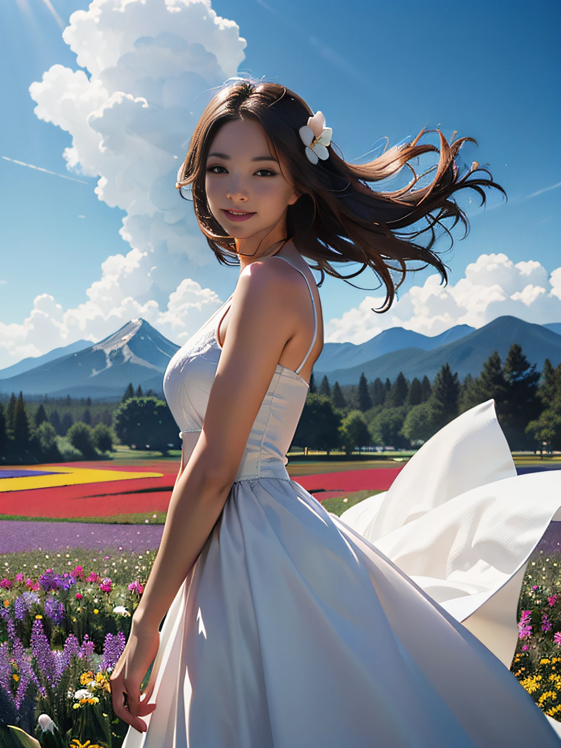1girl, dynamic angle, cloud and mountain, (flower field:1.4) in the foreground, white dress, light tracing, (floating colorful wind:1)
(photorealistic:1.4), official art, unity 8k wallpaper, ultra detailed, beautiful and aesthetic, masterpiece,best quality, glowing skin, cinematic lighting, light smile
