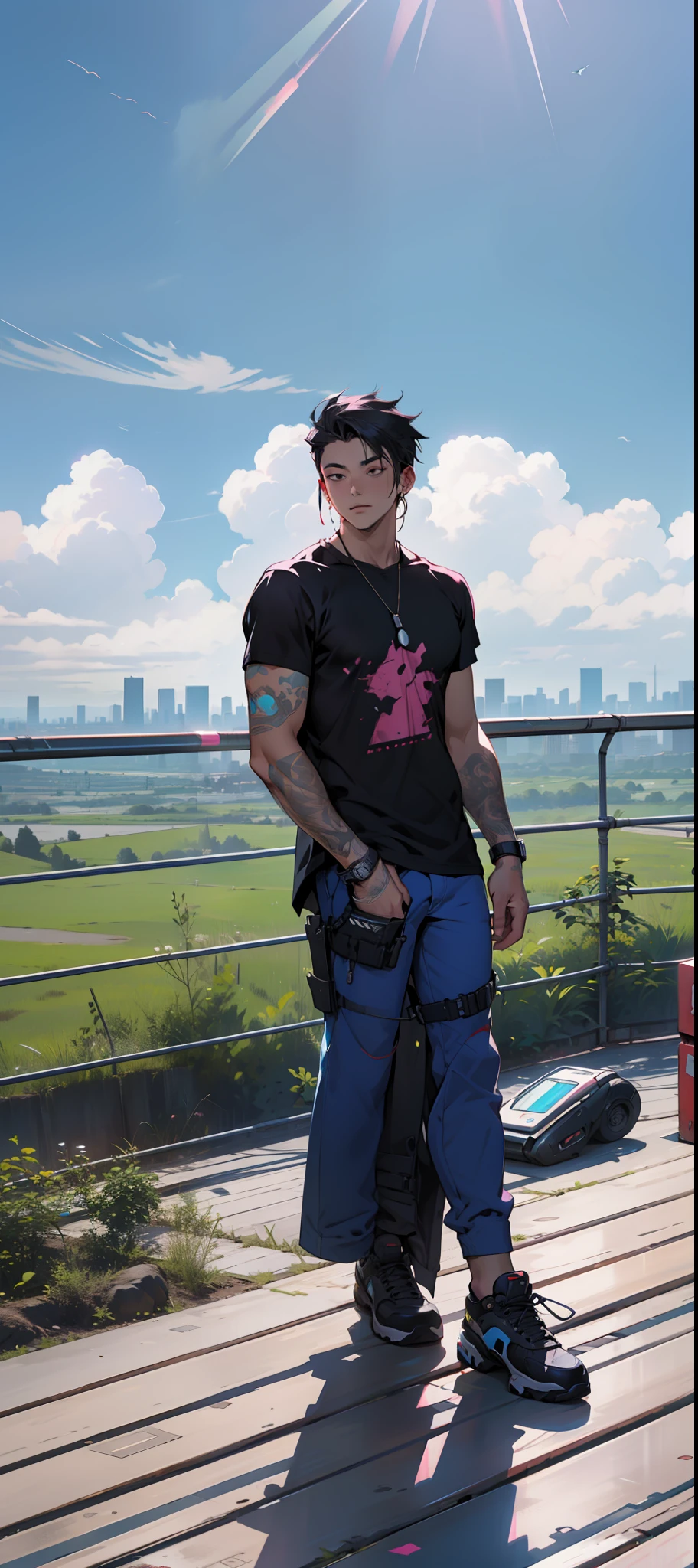 Young man with black hair black shirt with pink detail blue pants resting on a deck with a city in the background sunny cyberpunk style futuristic technology