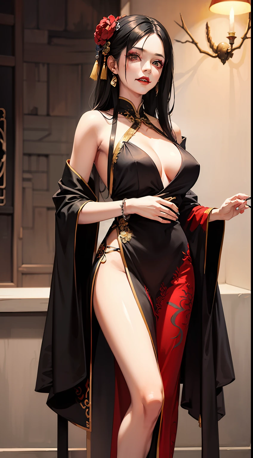 ((masterpiece)), (realistic), illustrations, solo, (original), (very detailed wallpaper), photographic reality, very detailed illustrations, (super-complex detail), (delicate face), perfect detail features, perfect detail, (super complex details), (best lighting), 1girl, (mid shot:1.3), ((traditional:1.5), (Chinese:1.2), (zombie girl:1.3), (ghastly:1.2), (ancient:1.1)), (long black hair:1.1), (sinister smile:1.2), (menacing aura), (zombie crawl), (elaborate hair accessory), (dazzling jewelry), (Chinese courtyard background:1.2), (foggy atmosphere), (mystical lighting:1.1), (HD rendering), (detailed textures), (fine brush strokes), (solo pose:1.1), (exquisite dress:1.2), (intricate embroidery:1.1), (ghoulish makeup:1.2), (decorative hairpin), (clawed hands),The Chinese zombie girl stood in the misty courtyard, her long black hair flowing down her back. Her sinister smile and menacing aura exuded a sense of fear and terror. She was dressed in an exquisite dress with intricate embroidery, and her ghoulish makeup made her look even more frightening. In her clawed hands, she held a decorative hairpin. Her pose was solo, with one leg bent in a zombie crawl. The elabotate hair accessory and dazzling jewelry she wore enhanced her appearance. The Chinese courtyard background with a foggy atmosphere and mystical lighting added to the ghastly atmosphere. The HD rendering and fine brush strokes brought out the intricate details and textures of her dress and the embroidery.