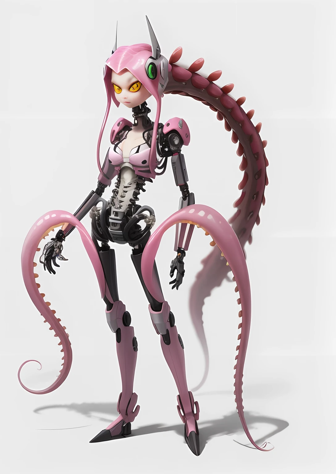 Realistic pictures of pink aliens with long tails, humanoid pink female squid girl, sil from species, charming Anger woman Digimon, humanoid form, snake woman hybrid, female alien, long shot Jorogumo, gadget hacker wrench, fine details. Anime. Tentacle, brownskin, 4-arm, cyborg octopus, six-arm, masterpiece quality, 8K resolution, best quality, motion shot