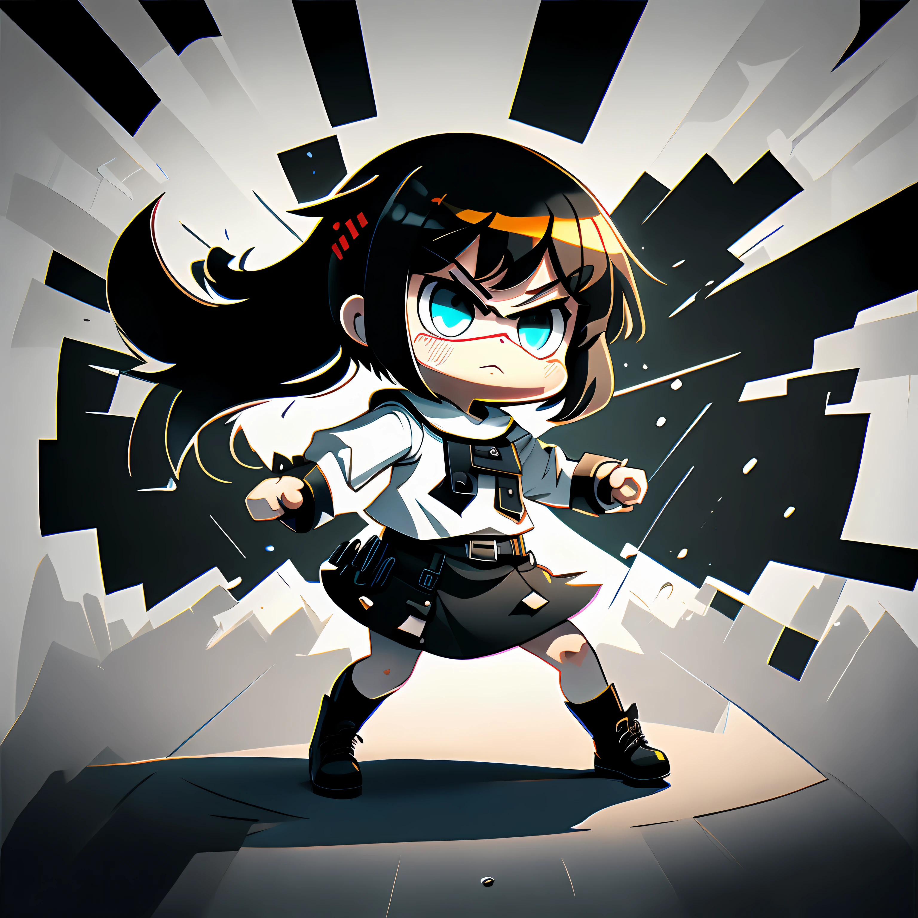 De Stijl, simple chibi, bold lines, simple clothing, girl, black and white style thick line, white background, minimal vector style, angry movement, -not shadow:: 2 manga: 4 - -s 400 --auto