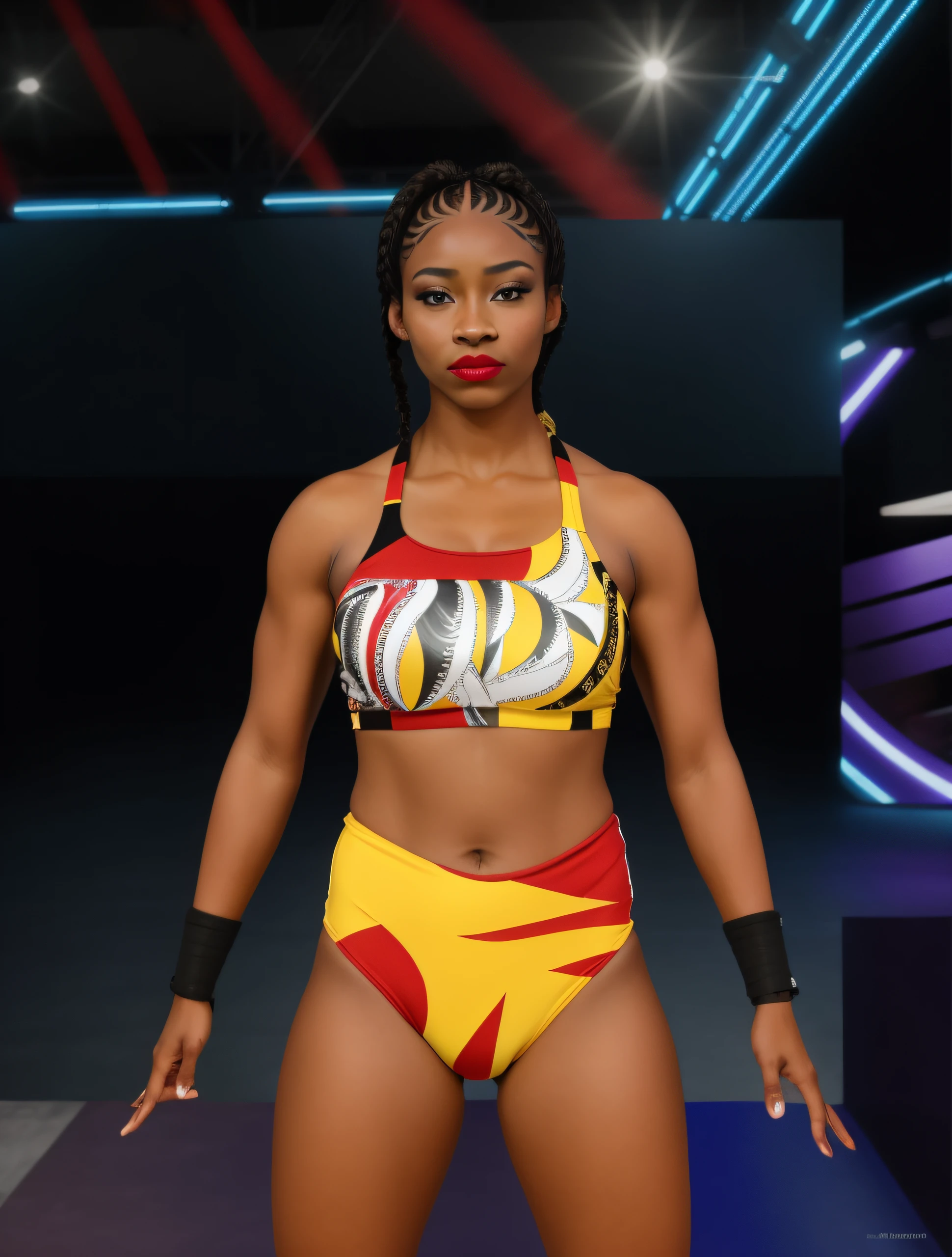 Black female wrestler in red black white and yellow bra, red black white and yellow bra trunks, with short braids, wearing makeup and lipstick, black wristbands, photo realistic, intricate details