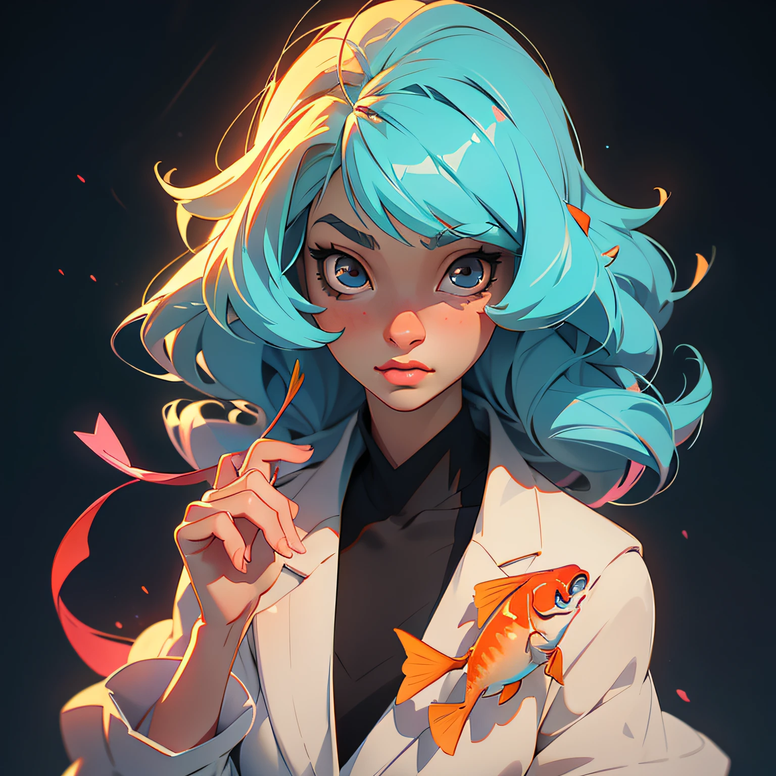 Anime of beauty in Hotspring by Ruan Jia and Musha, Glossy eyes, intricate details, inspired by OffWhite, tumblr, inspired by Yanjun Cheng style, digital art, lofi girl internet meme, no clothing, trending on dezeen, catalog photo, golden fishes, 3 d render beeple, rhads and lois van baarle, bright pastel colors, a beautiful artwork illustration, retro anime girl