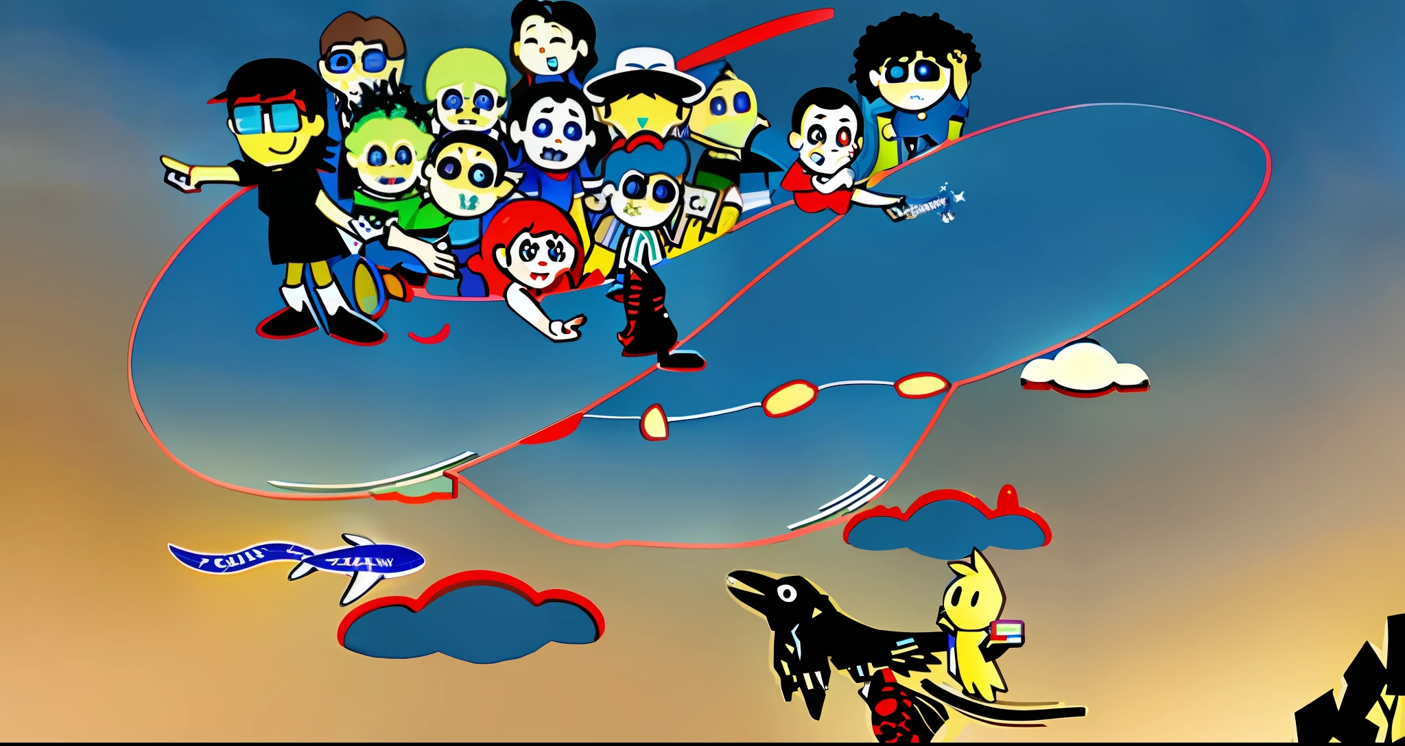 cartoon of a group of people flying in a beach hat in the sky at sunset, high-quality official art, detailed, pixiv contest winner, video game art, inspired by Winsor McCay, added detail, chibi, concept art, themed spaceship, very crowded, discworld theme, colorful comic, vivid colors, cinematic lighting, shaders
