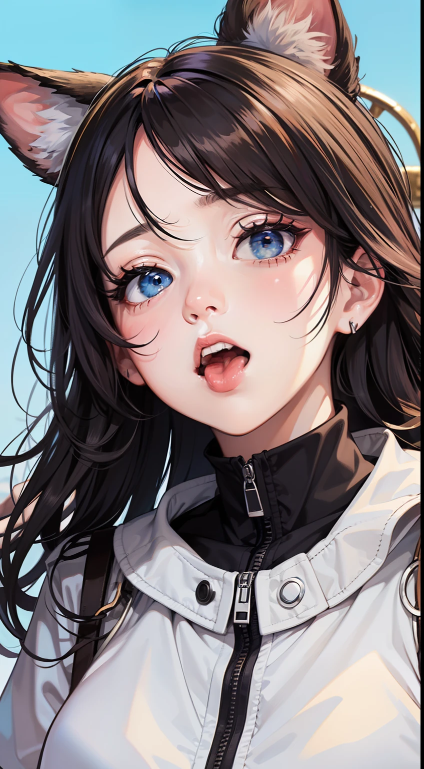 best quality, masterpiece,Black hair, blue eyes, looking up, upper body, wink,Sticking out tongue, close one eye