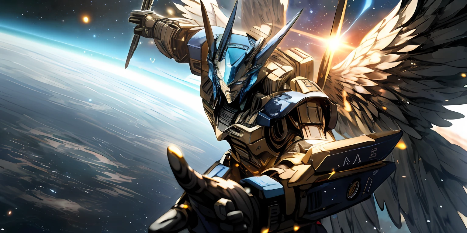 A transformer named Optimus Prime, flying in the galaxy of the universe, looking at the blue planet, spreading his wings, lens perspective and story, displayed in battle posture, scattered, cosmic environment, battle posture, soft ambient light, with HD details, metallic texture and tension composition, 360 panorama --AR 2:1 --v 6